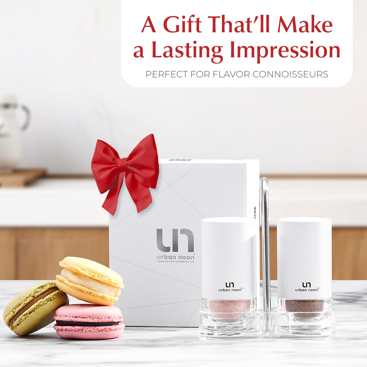 White Salt and Pepper Shakers with Holder - Elegant Stainless Steel Salt Shaker and Pepper Shaker Set with Acrylic Holder for Kitchen Counter or Restaurant Table