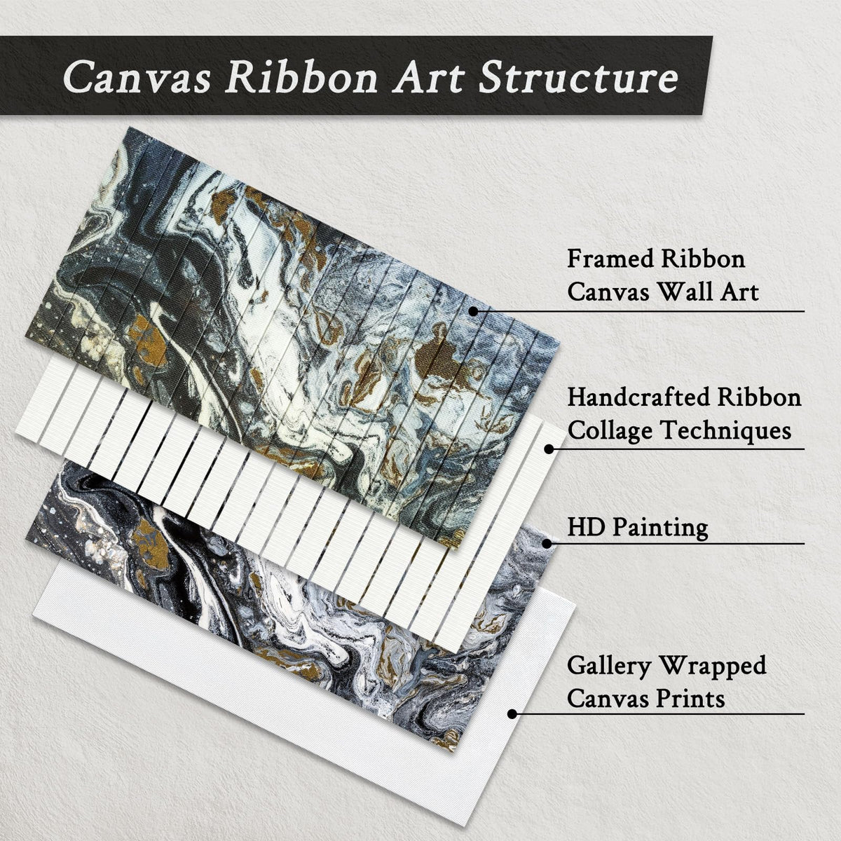 llribbons Framed Abstract Canvas Ribbon Wall Art Black White Gold Pictures Living Room Wall Decor Modern Painting Handmade 3D Woven Textured Prints Artwork for Bedroom Home Office Decoration 20" x 40"