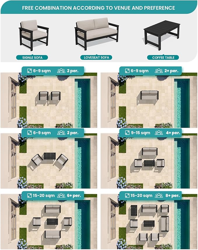 SERWALL 5 Pieces HDPE Outdoor Conversation Sofa Set