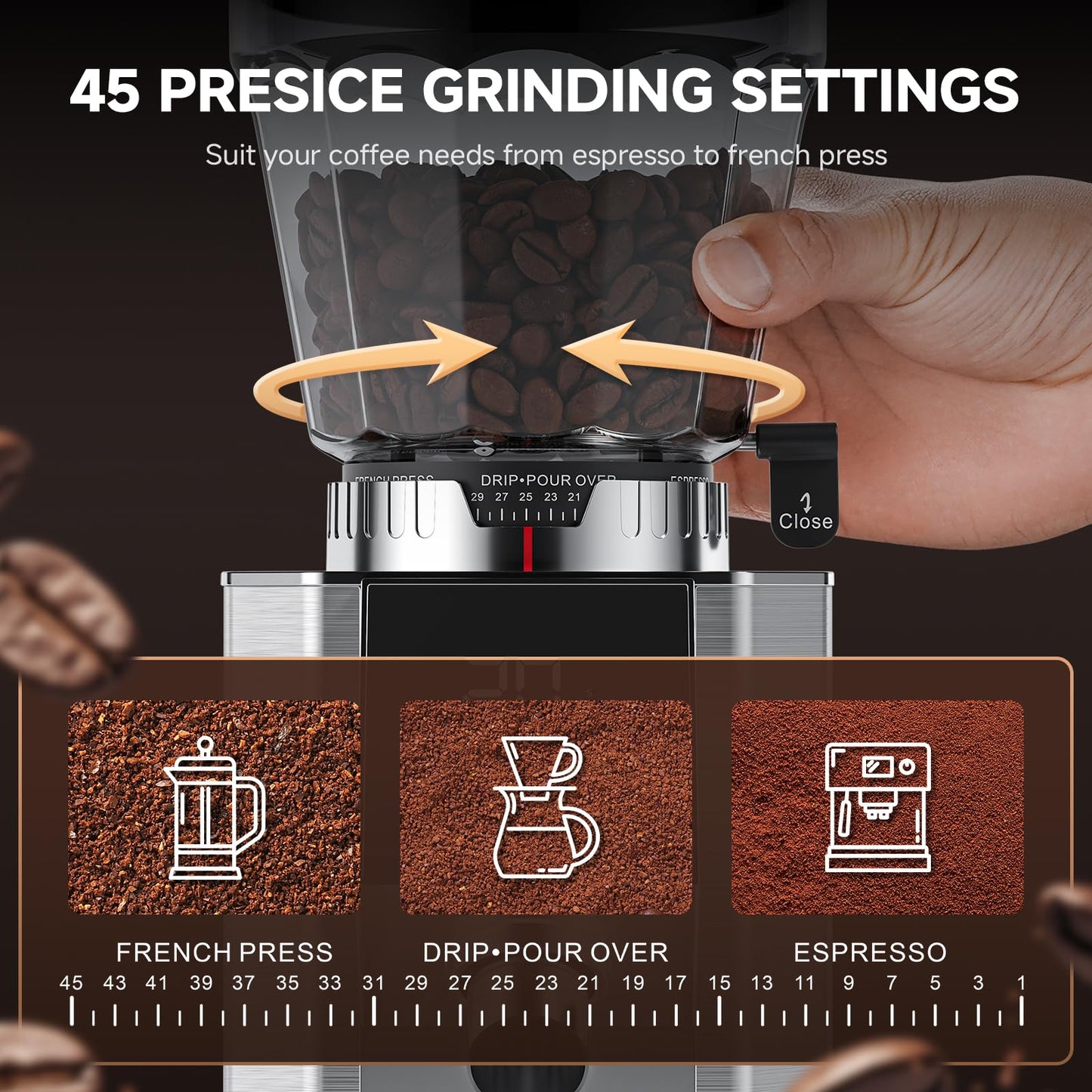 Burr Coffee Grinder with 45 Grind Settings, 40mm Conical Burr, Anti-Static Technology, Touchscreen Control, 300g Bean Hopper, Stainless Steel Body, for Espresso to French Press, Easy to Clean