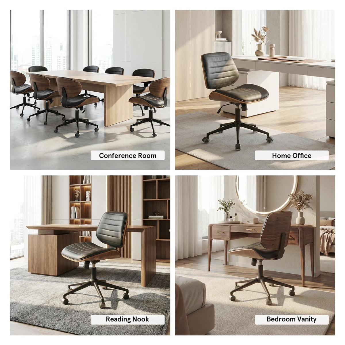Sytopia Small Desk Chair for Home Office, Adjustable Height Swivel Armless Office Chair No Arms, Mid Century Modern Chair with Wheels, Walnut Wooden Sturdy Furniture, Easy Assembly, Vintage Black
