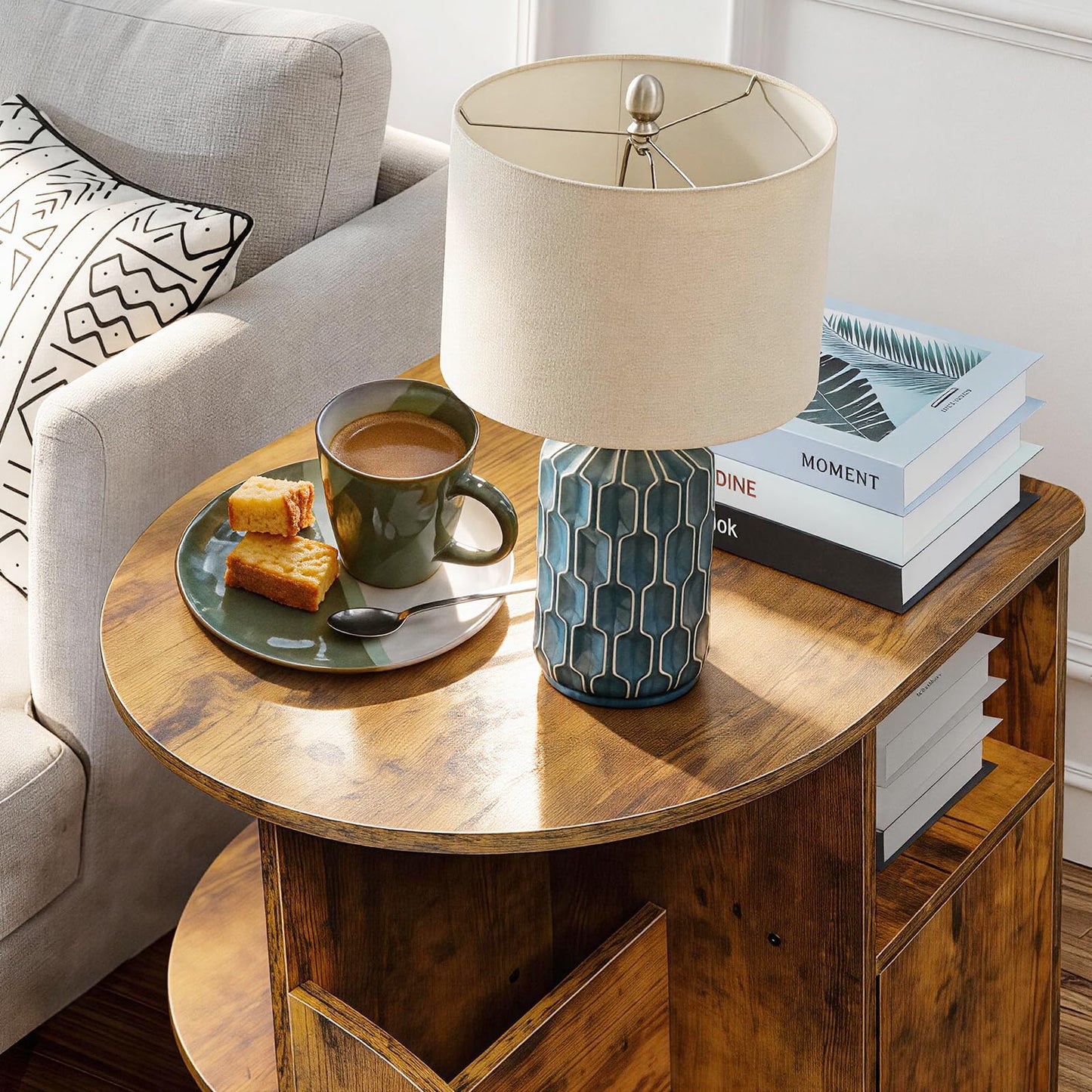 TooCust Rotating End Table with Storage, Swivel Side Table Living Room, Side Table with Magazine Holder, Basket and Cabinet, Sofa Side Farmhouse End Tables with Open Shelf (Rustic Brown)