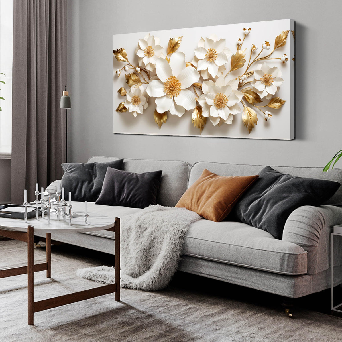 JuhaiArt Gold Wall Decor White 3D Floral Wall Art Elegant Flower Canvas Decor for Bedroom Living Room Office Picture Artwork 24" x 48"