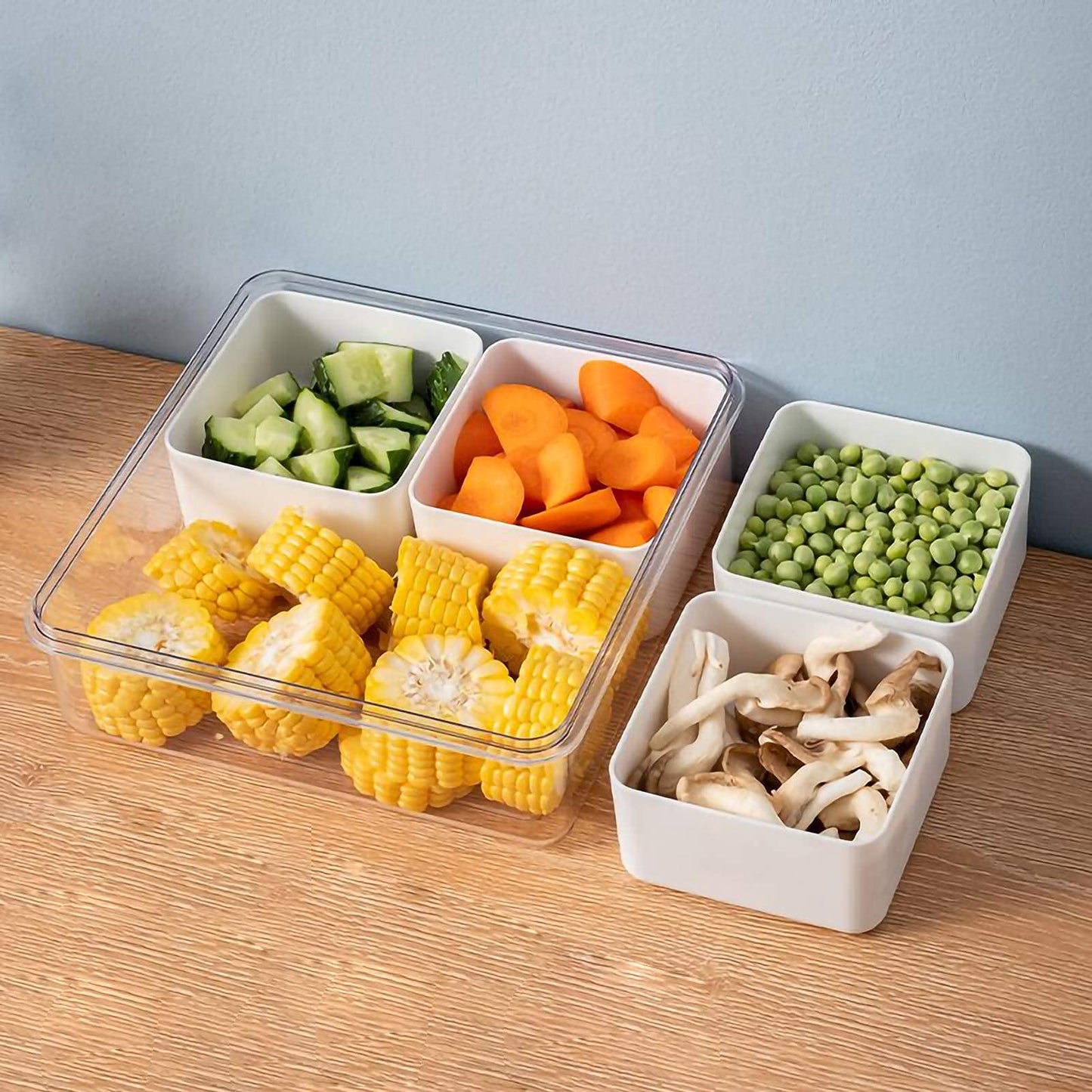 MineSign 2Pack Divided Veggie Tray with Lid Snackle Box Serving Container Salad Keeper with 4 Removable Boxes Stackable Refrigerator Organizer Bins Produce Saver for Meal Prep Fruit