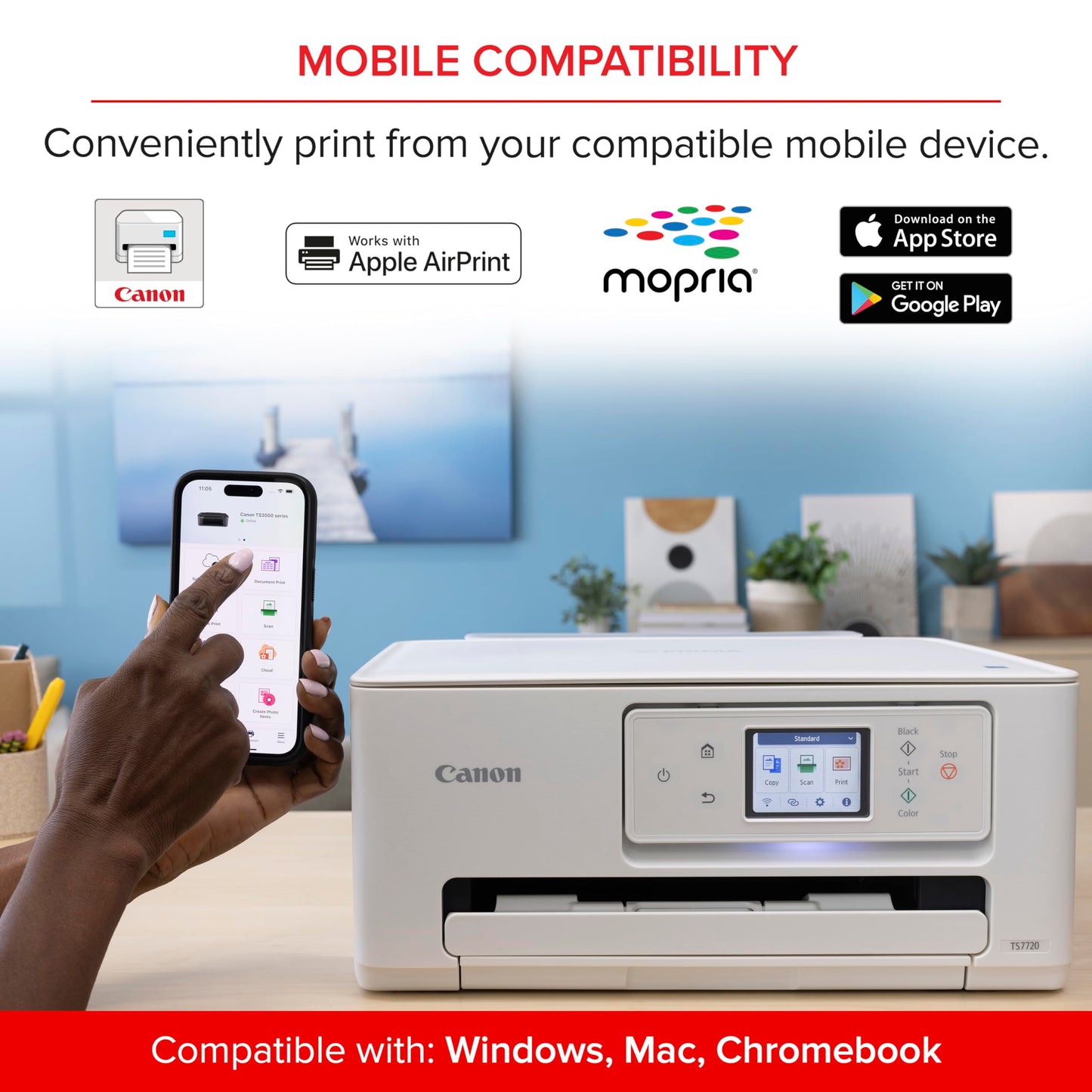 Canon PIXMA TS7720 Wireless All-in-One Color Inkjet Printer – Print, Copy, Scan – Auto Duplex, 15/10 PPM, 2.7” Touchscreen, Compact Home Photo Printer with Easy Setup