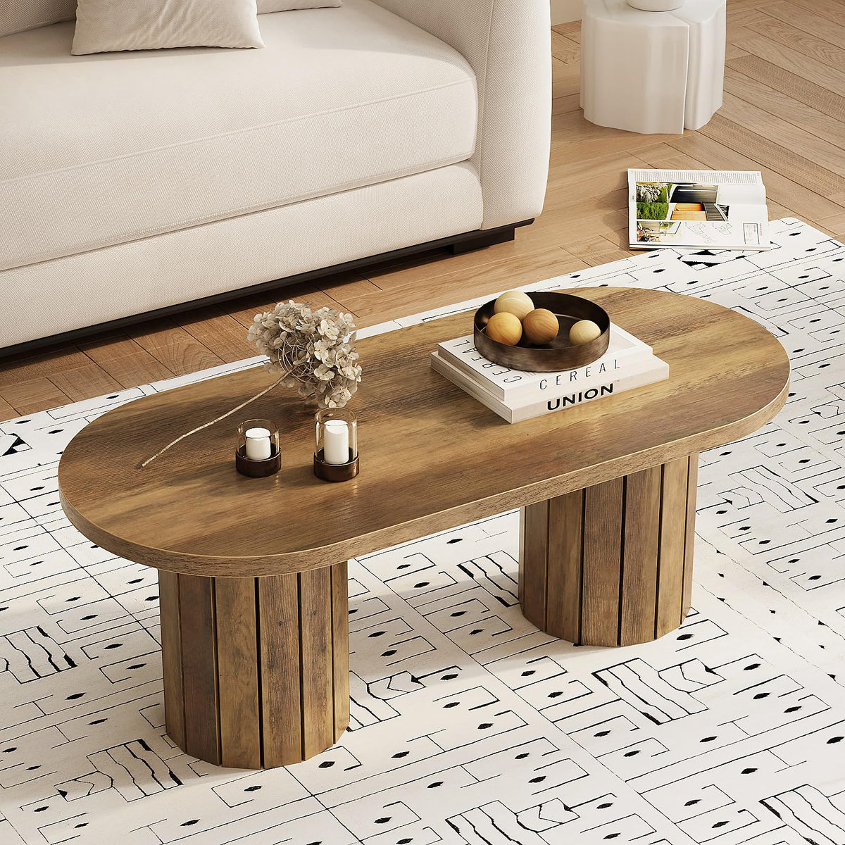 Tohomeor Oval Coffee Table, 43.3" Farmhouse Wooden Coffee Table with Fluted Legs, Mid-Century Modern Accent Center Table with for Living Room or Home Office, Retro Brown