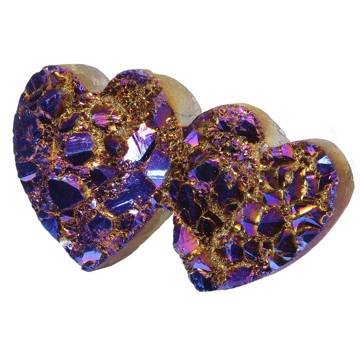 SUNYIK Double Heart Shaped Titanium Coated Cluster Specimen Natural Rock Crystal Stone Decoration Reiki Healing, Meditation for Valentine's Day, Purple/Gold