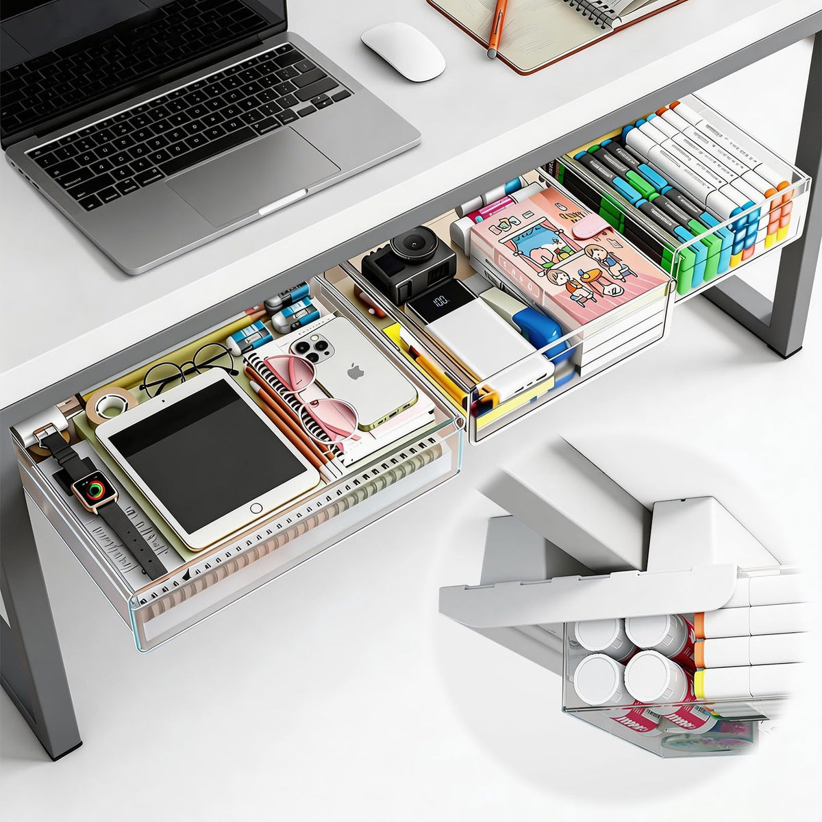 TooCust 3-Pack Under Desk Drawer for Desk with Frame & Beam, Fits Where Standard Drawers Can't, 52mm Heightened Slide Out Organizer, Dual Adhesive or Screw Mount, Clear PET Under Table Storage