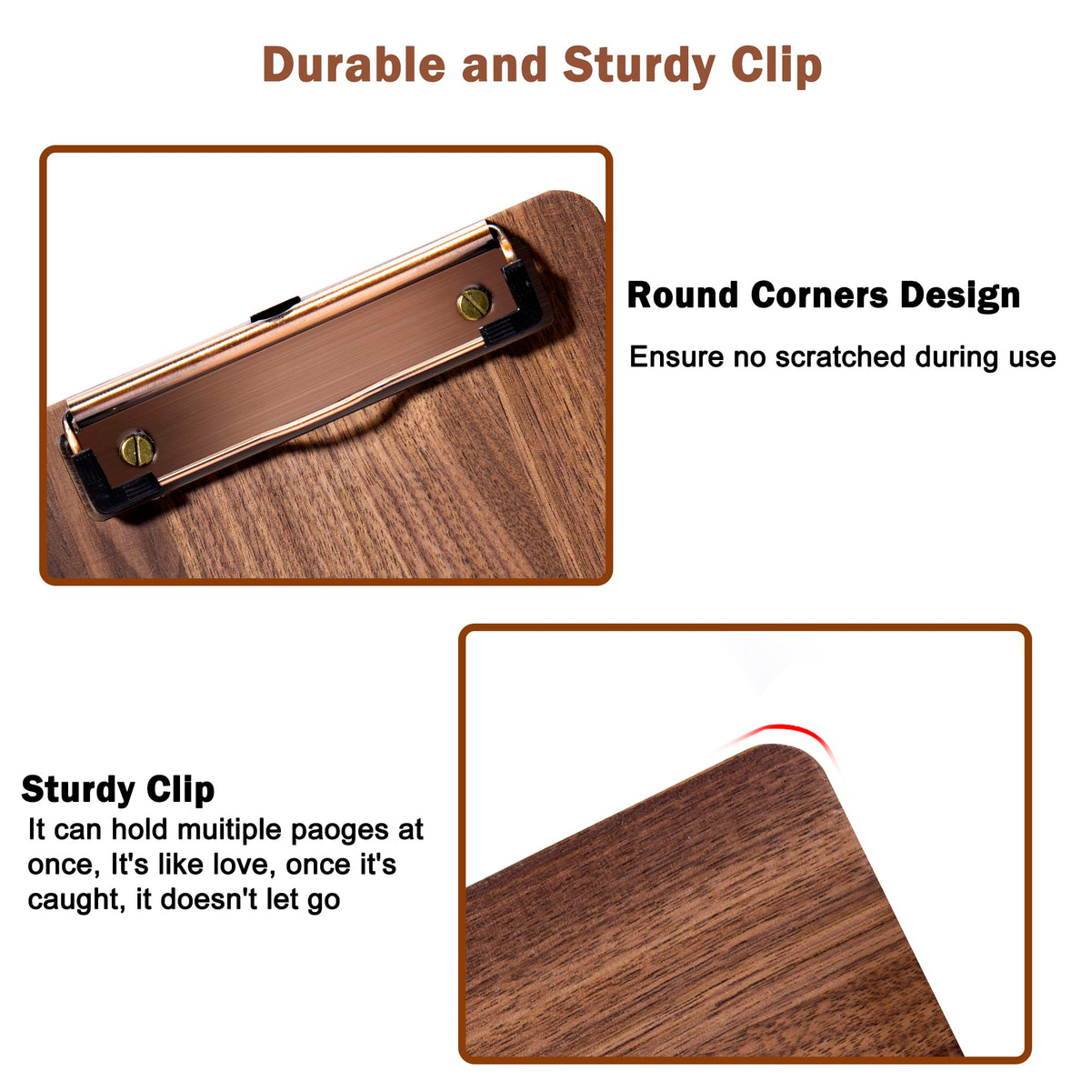 Walnut Wood Clipboard, 9" x 6.3" Small Menu Clip Board with Metal Clip and Stable Base, Solid Hardwood, Smooth Edges, Free Stand Holder for Bar, Restaurant, Coffee Shops, Countertops