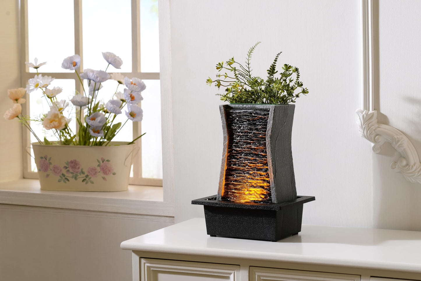 GOSSI Tabletop Water Fountain with LED Lights, Indoor Waterfall Fountain for Home Office Bedroom Decor, Includes Plastic Pots for Plant Growing, Relaxation Desk Accessory (24285)