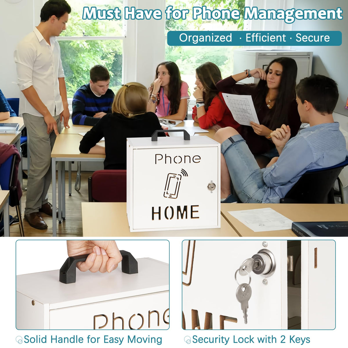 Loghot Wooden Cell Phone Storage Cabinet, 33 Adjustable Slots Cell Phone Locker with Security Lock & Handle, Desktop Phone Organizer for Classroom, Office & Repair Shops, White