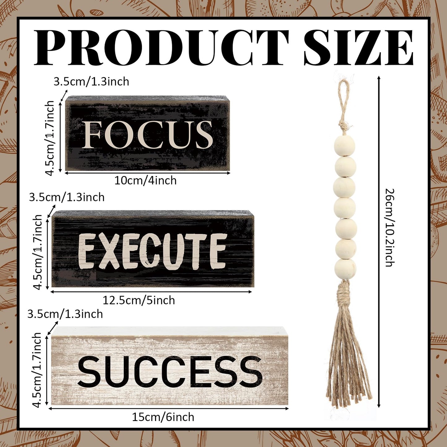 Yuntau 4 Pcs Motivational Wooden Tabletop Decor Inspirational Tiered Tray Decor Rustic Retro Wood Bead Garland Focus Execute Success Block Sign Gift Farmhouse Centerpiece for Home Shelf Mantle