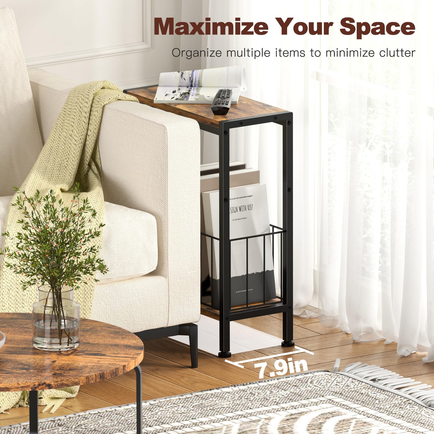 Lifenite Narrow Side Table, Skinny End Tables with Magazine Holder, Small Sofa Table for Small Spaces, Space-Saving Design, Slim Nightstand Bedside Table for Living Room, Bedroom, Office, Rustic Brown