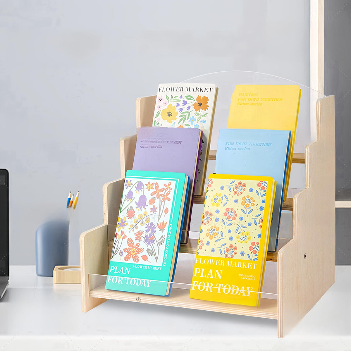 Kesiya Greeting Card Display Stand , Acrylic Sticker Display Holder for Vendors, Counter Retail Display Rack , 4-Tiered Wooden/Acrylic Display stand for postcard /Brochure/Photos/Picture