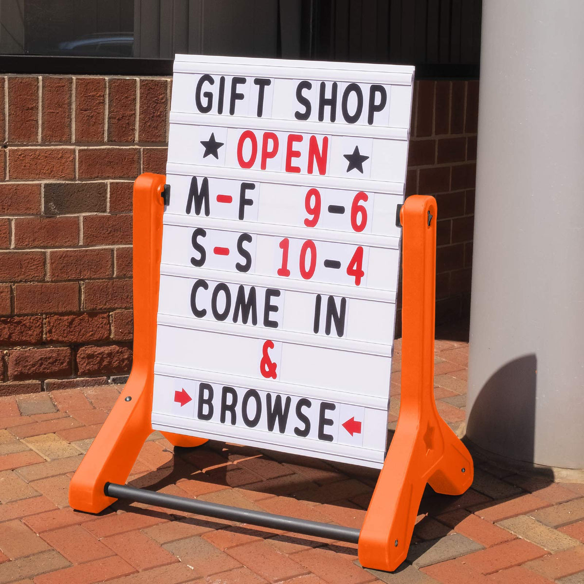 Swinging Changeable Message Sidewalk Sign: 24" x 36" Sign with 792 Pre-Cut Double Sided Letters and Storage Box. Includes Black Board & Letter Board (Orange Color Legs)