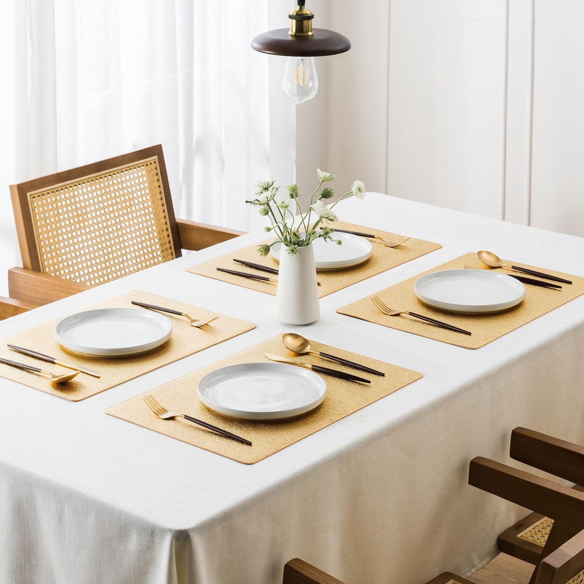 Jovono Faux Leather Placemats Set of 4, Waterproof Washable Table Mats, Easy-Clean Heat Resistant Kitchen Vinyl Place Mat for Dining Table, Wedding, Holidays, Indoor, 17.8"x11.8", Gold