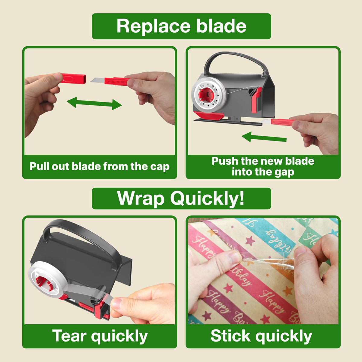 Wraprocut (2-Pack) Wrapping Paper Cutter & Tape Dispenser Dual Use with 4 Tapes，2 Replace Blades Kit for Christmas Gift Wrap Cutter Tool Paper Roll Holder Tube Sliding Slicing for Birthday Holiday.