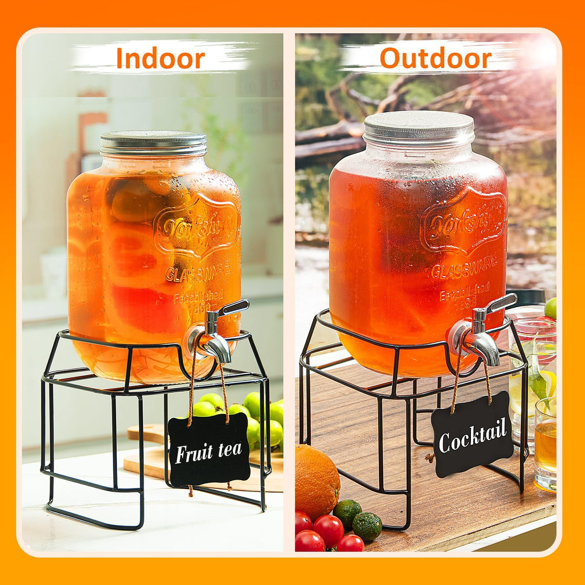 1-Gallon Glass Drink Dispenser for Parties - Beverage Dispenser with Stand and Stainless Steel Spigot | Lemonade, Sun Tea, Kombucha Jar