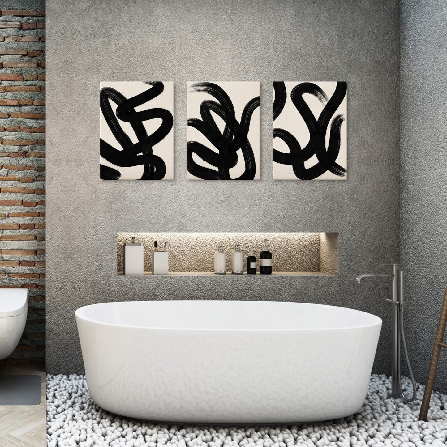 arteWOODS Wall Art Canvas Set Abstract Lines Pictures Modern Mid Century Boho Wall Decor Minimalist Abstract Black Stroke Lines Canvas Painting Artwork Living Room Bedroom Home Office 12"x16" Set of 3