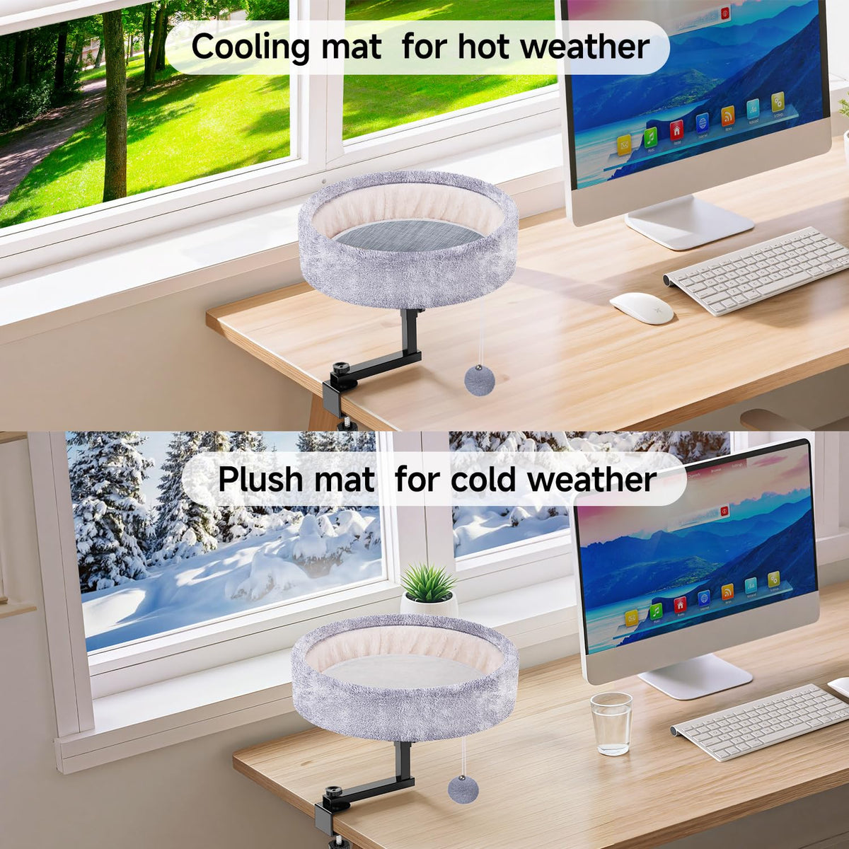 Chumajor Cat Desk Bed - 360° Rotating & Adjustable, Supports 50 lbs, Soft Faux Fur with Dual-Sided Reversible Mat, Modern Indoor Cat Nest Furniture for Office Desks and Game Tables, Island Table