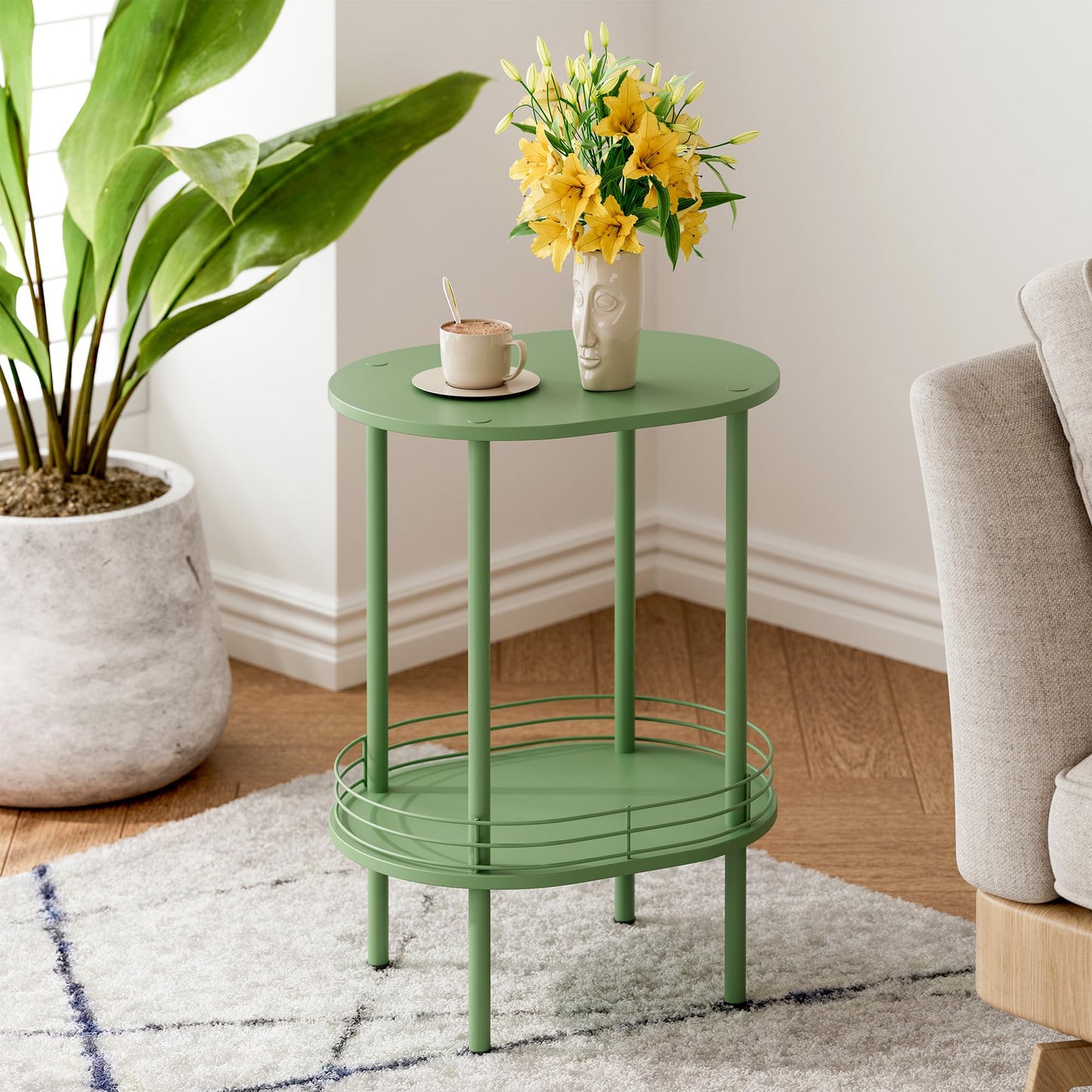 Small Modern Oval Side Table with Storage,2-Tier Side Tables Living Room,Sturdy Nightstand for Small Space - Living Room, Bedroom, Bathroom, Nursery (1PC,Green)