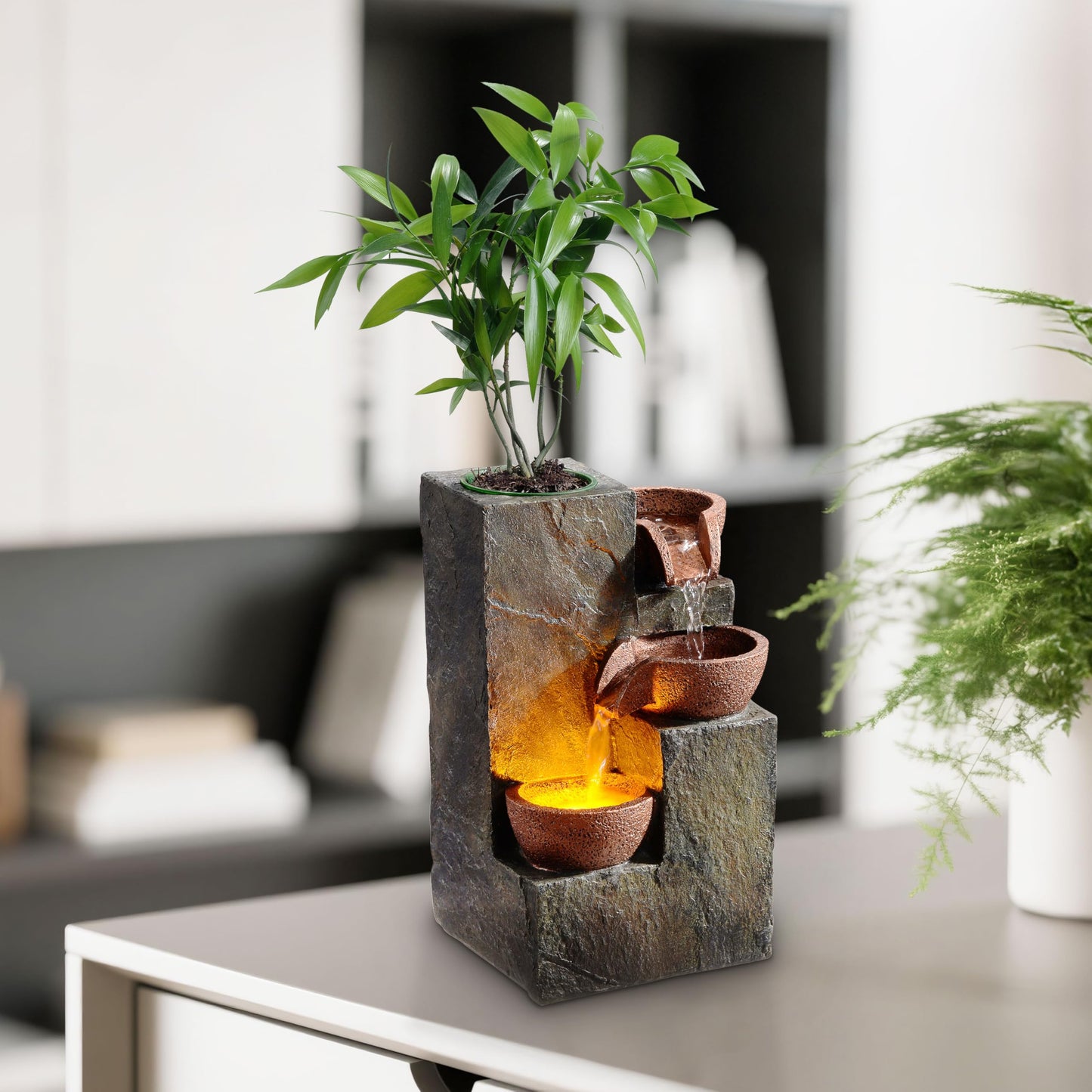 MSEONWXI Tabletop Indoor Water Fountain – 3-Tier Rock Waterfall Fountain with Warm LED Light and DIY Planting Pot – Relaxing Small Water Feature for Desk or Home Decor (23061)