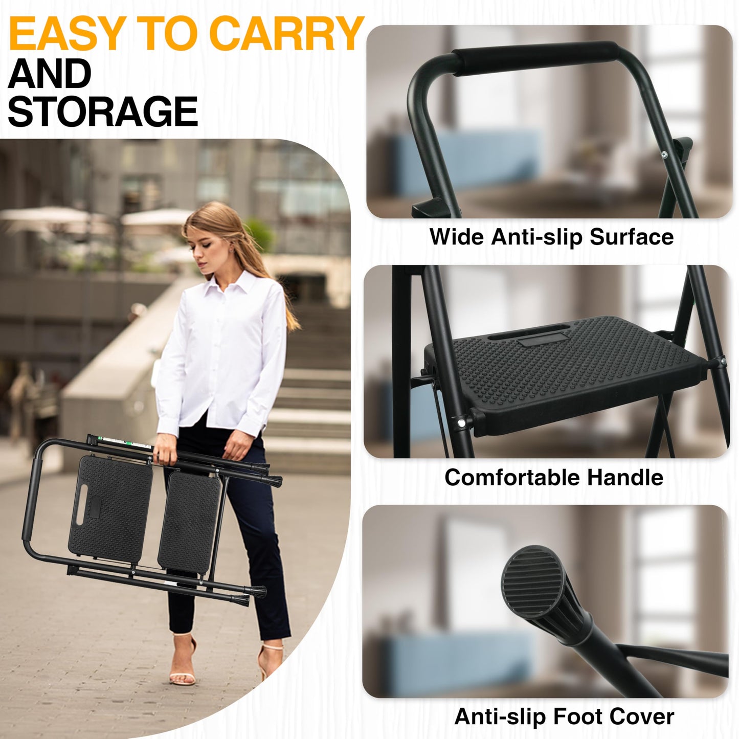 Step Ladder, Portable Steel Folding Step Stool with Wide Anti-Slip Pedal & Convenient Handgrip, Sturdy Steel Ladder, 2-Step, Black
