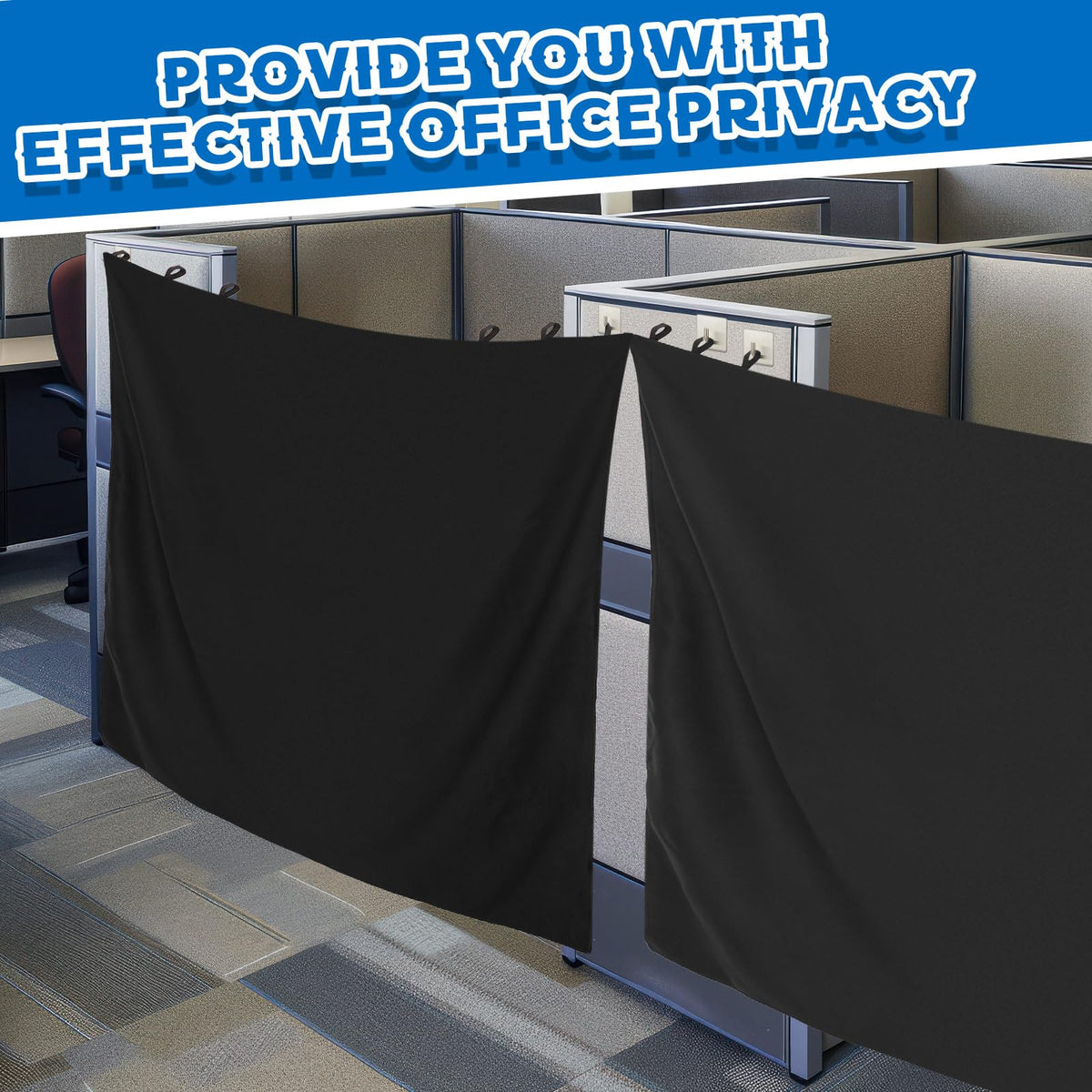 Pinkunn 60 x 53 Inch Black Adjustable Office Cubicle Curtain with Stainless Steel Self Adhesive Hook Extra Large Portable Privacy Door Partition Room Office Divider