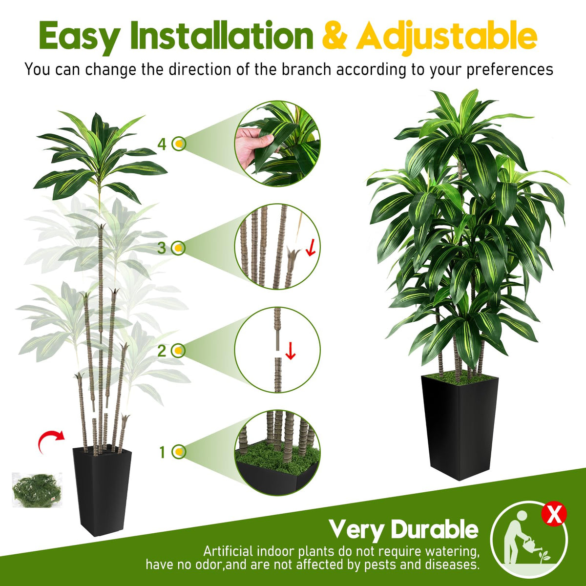 Artificial Dracaena Tree Indoor, 6FT Tall Fake Tree with Black Tall Planter, Artificial Trees Fake Yucca Potted Tree for Home Office Living Room Decor, Tall Artificial Plant for Housewarming