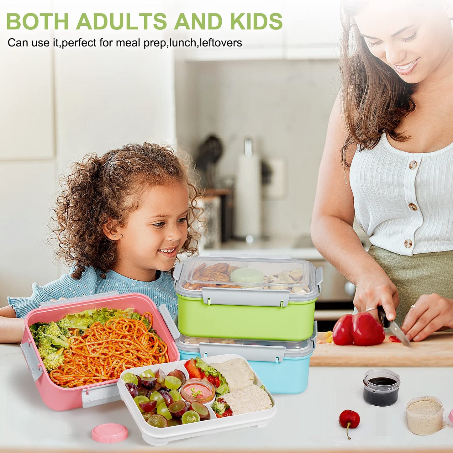 3 Pack Salad Lunch Box Food Storage Containers, 47oz Bento Box To Go Container with Lids, ReusableMeal Prep Containers with Removable Tray & Dressing Pots for Kids and Adults, Microwavable
