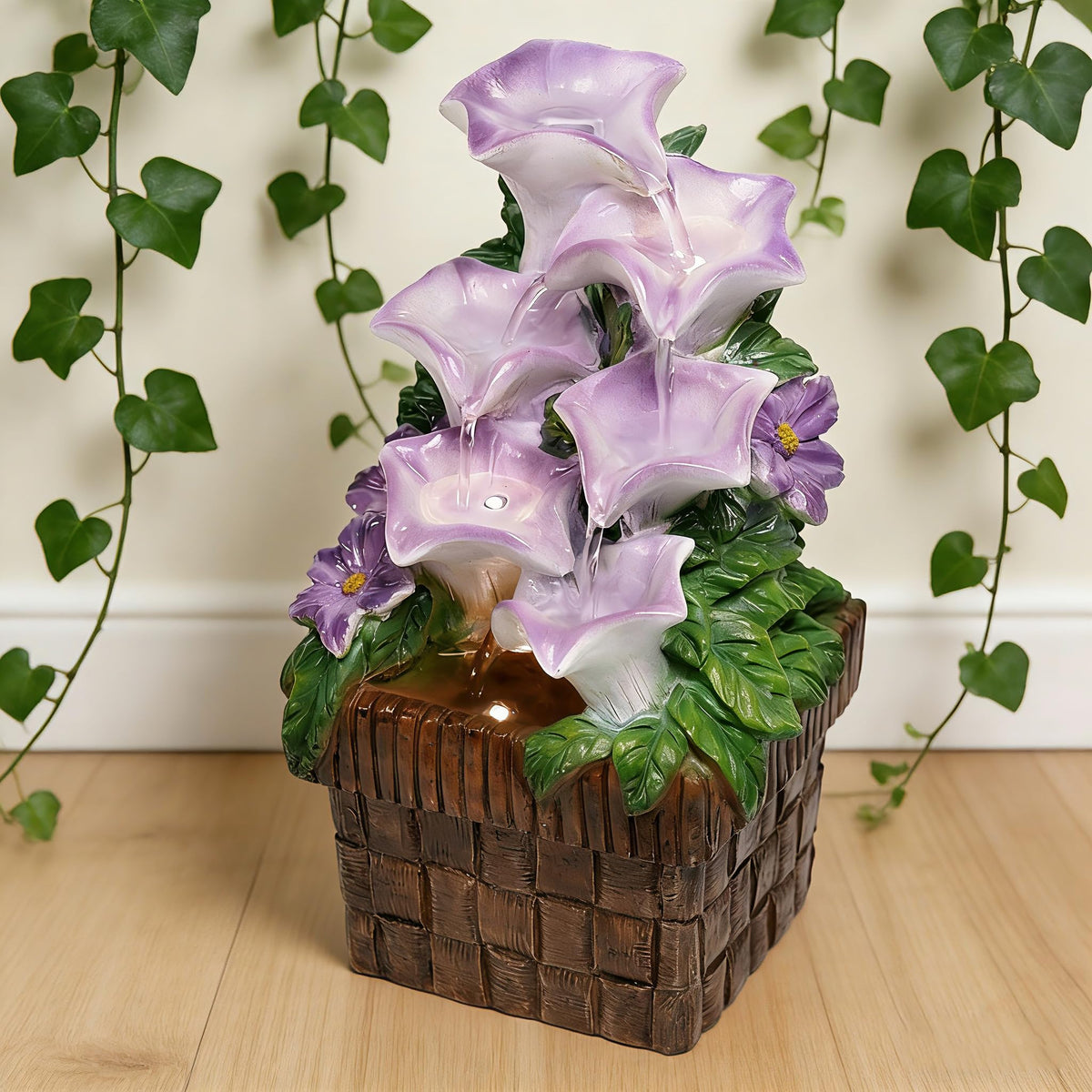 WZAPPKEW Tabletop Water Fountain Purple Water Fountains Indoor Morning Glory Themed Lavender Desk Fountain with Light for Home Heavenly Blue Zen Water Fountain for Room Relaxation Meditation(Lavender)