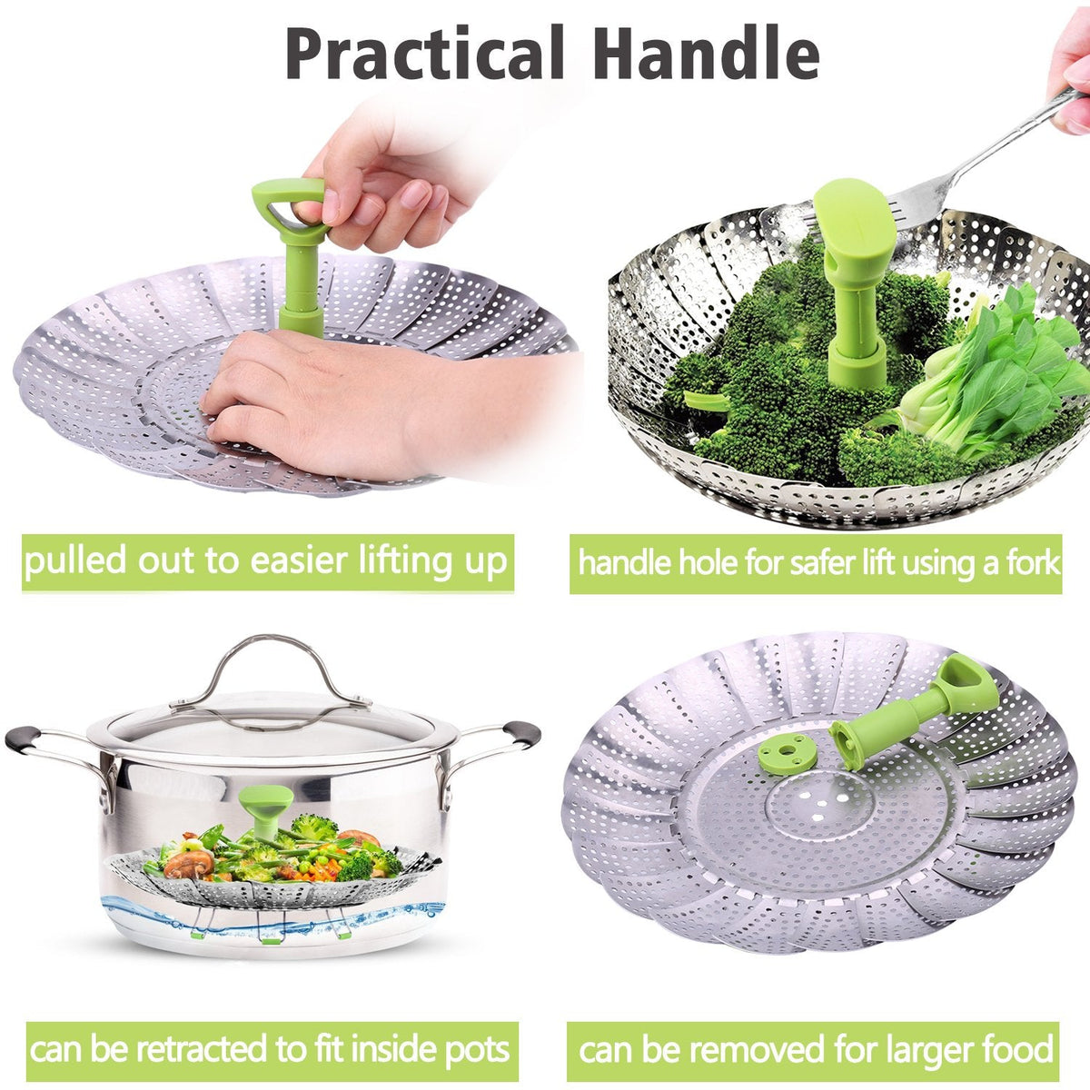 Consevisen Vegetable Steamer Basket for Cooking Food, Stainless Steel Veggie Steam Basket for Pot, Folding Expandable Steaming Insert with Extendable Handle Fits Various Size Pot, 7.1" to 11"