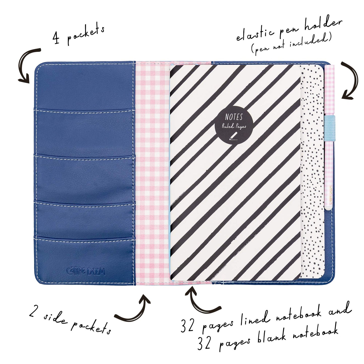 Pukka Pad, Carpe Diem Refillable Traveler’s Notebook Cover – Faux Leather Portfolio with Blank and Lined Notepads – Includes 6 Pockets, Pen Loop, and Elastic Closure – 8.5 x 5.5 Inches, Ditsy Floral