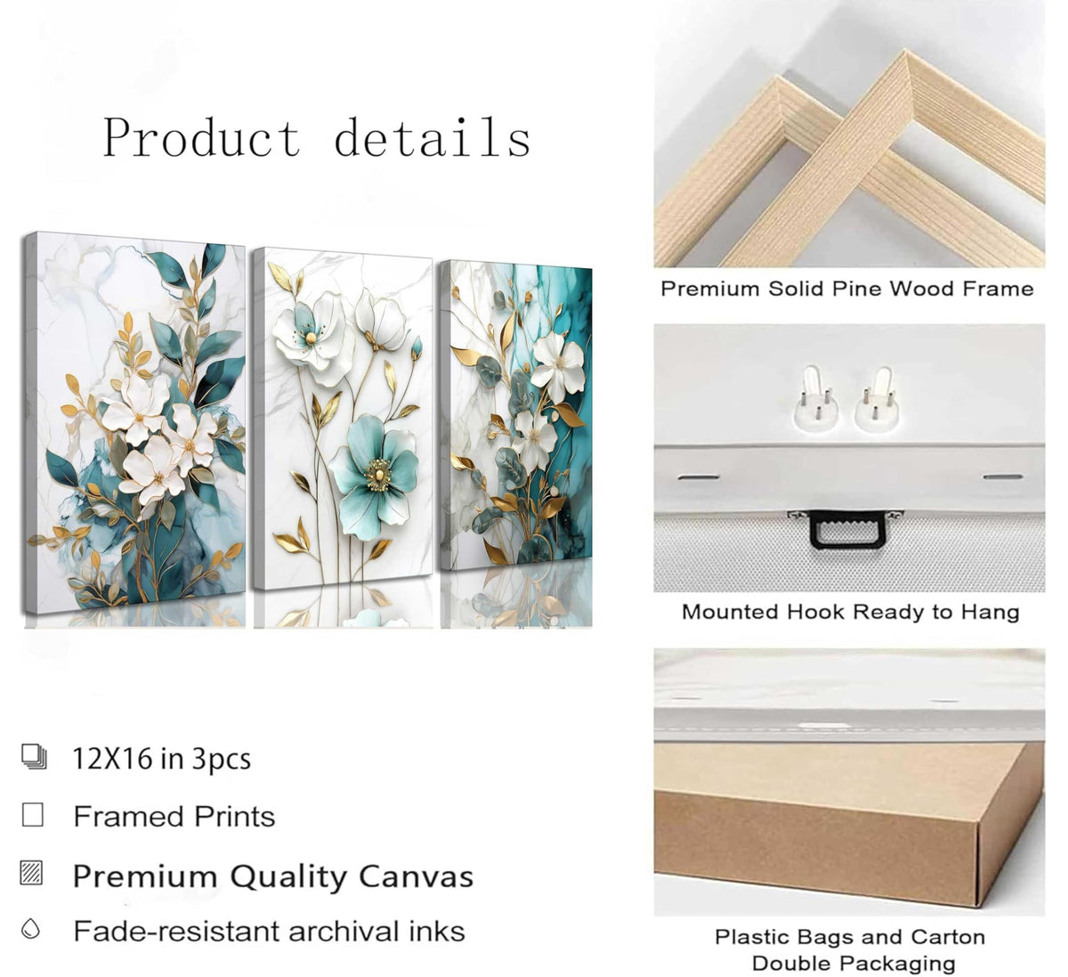 3Pcs White Gold Flower Canvas Wall Art Modern Luxury Blue White Gold Abstract Marble Floral Botanical Painting Picture Wall Decor Poster Print Artwork for Living Room Bedroom Home Decoration