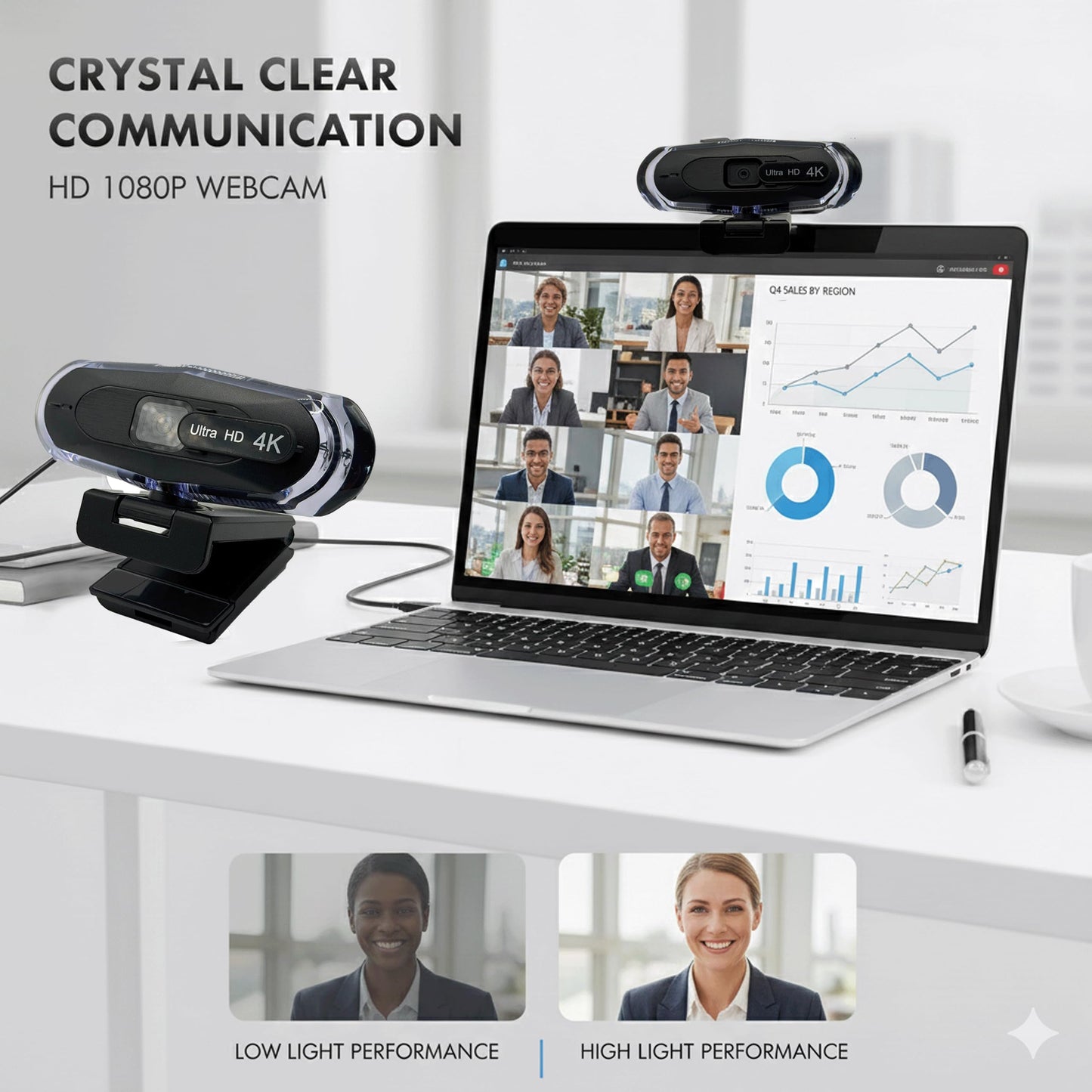 WEBDARAZ 4K Ultra HD Remote Control with Stand Webcam, LED RGB Lighting, 95-Degree Wide Angle, Auto Focus, 1080P@60FPS, Black, USB 2.0, for Video Conferencing, Desktop/Laptop