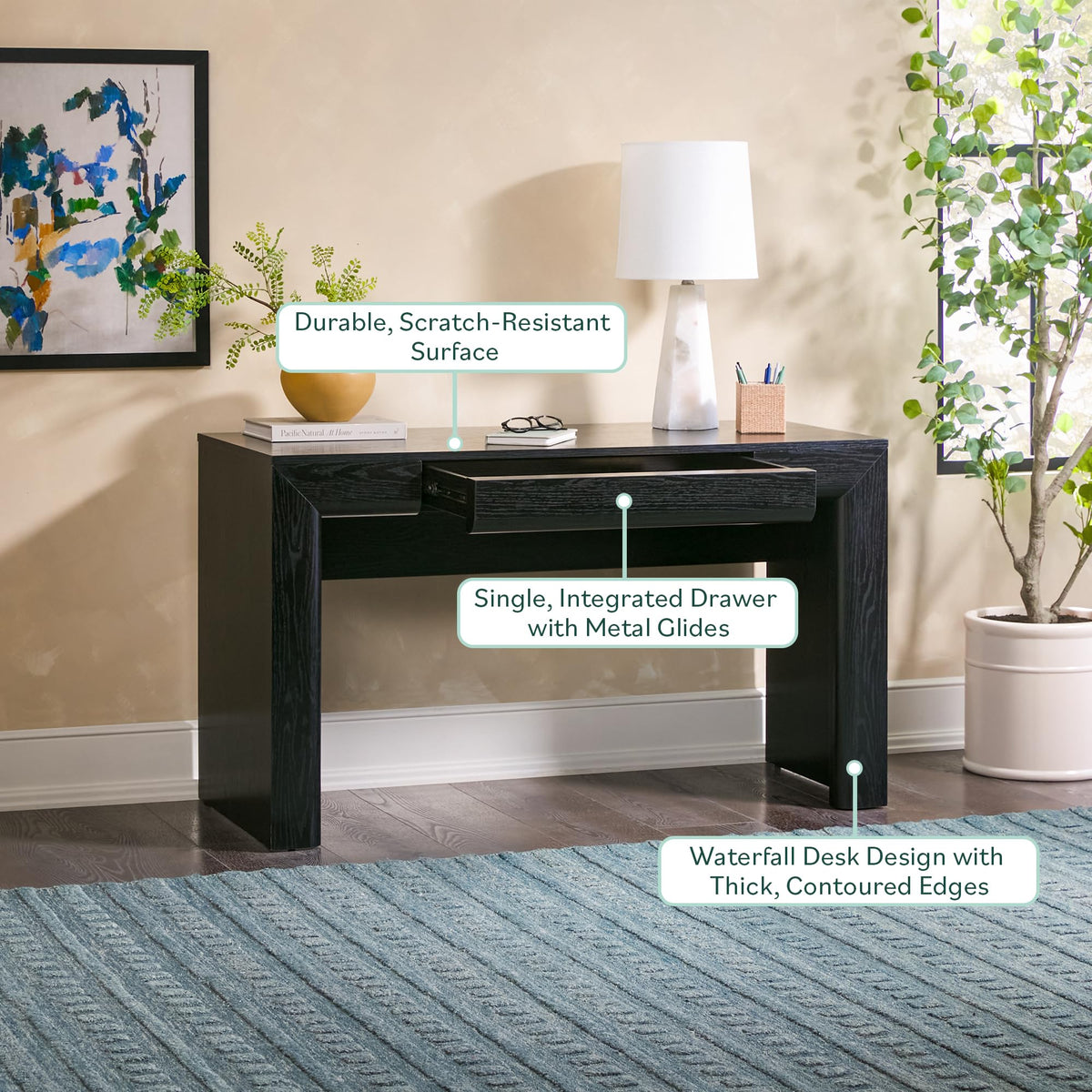 Walker Edison Amira Modern MDF Waterfall Writing Desk with a Built-in Storage Drawer, 52 Inch, Black