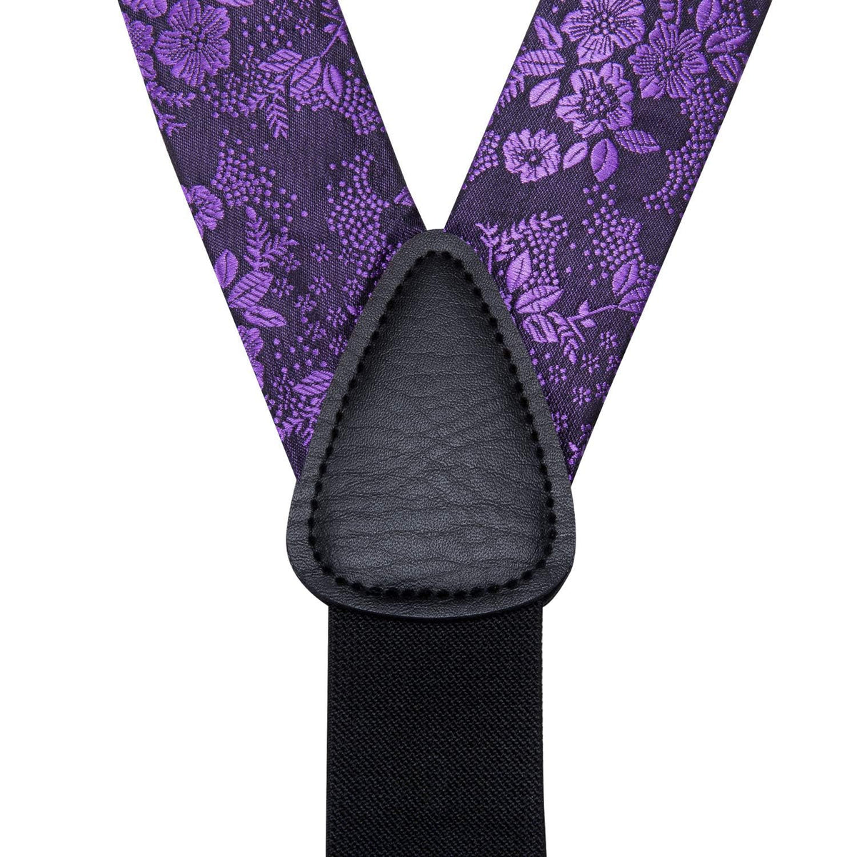 Hi-Tie Mardi Gras Purple and Black Silk Suspenders for Men Tie Set Jacquard Floral Adjustable Elastic Y Braces with Strong 6 Clips Pocket Square Set Wedding Party