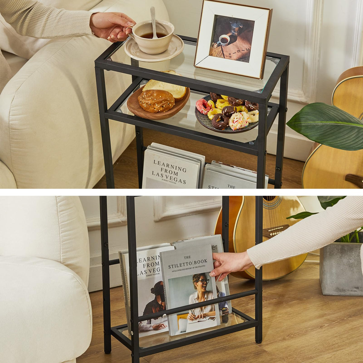 IBUYKE Narrow Side Table with Storage Shelf, 3 Tier Slim End Table,Modern Sofa Table, Small Nightstand, Telephone Table for Small Spaces,for Living Room, Bedroom, Black UTMZ002B