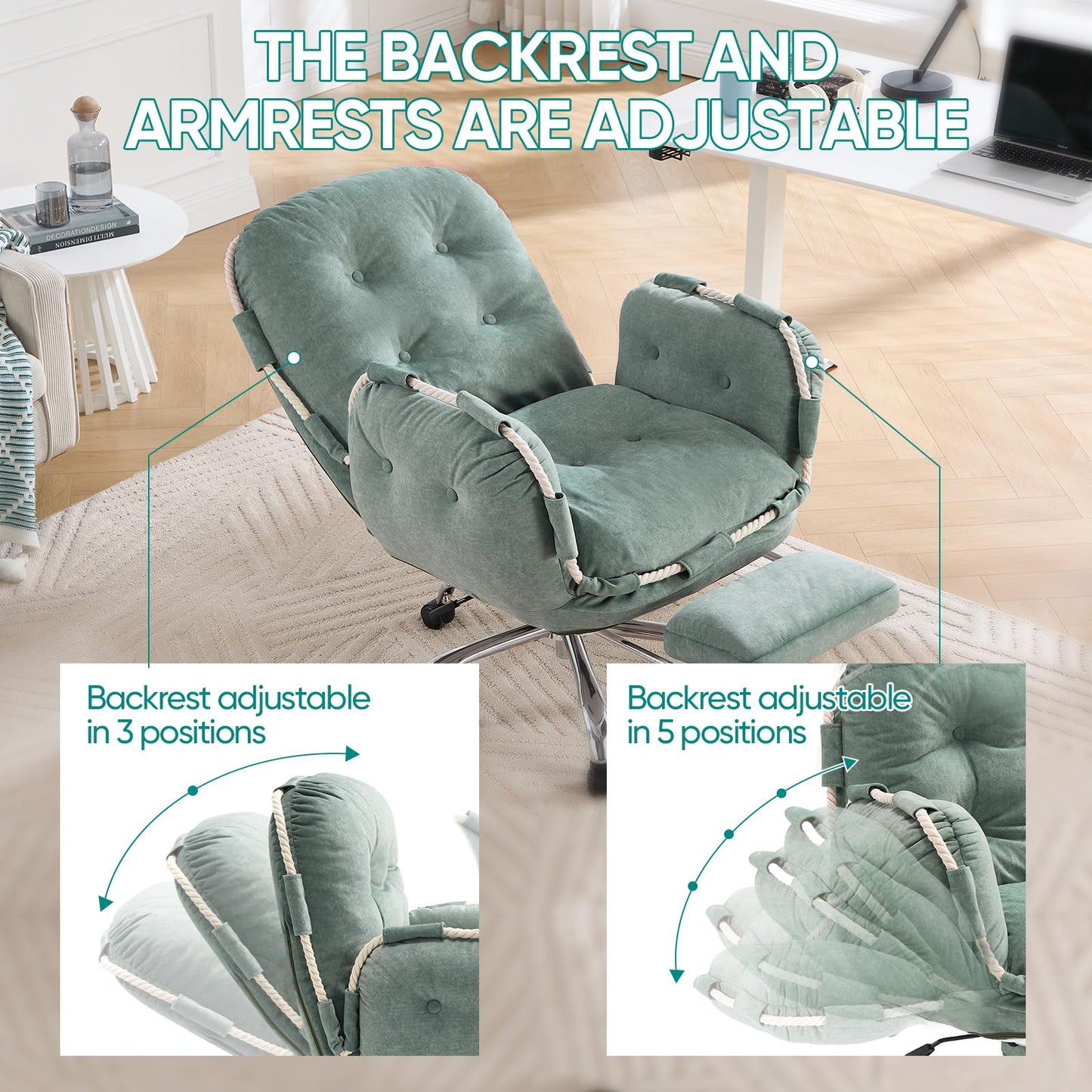 Criss Cross Office Chair with Foot Rest Flip Armrests for Pets and Comfortable Cross Legged Office Chairs for Women Reclining Office Chair Desk Chair Comfy Vanity Chair with Back and Wheels Green