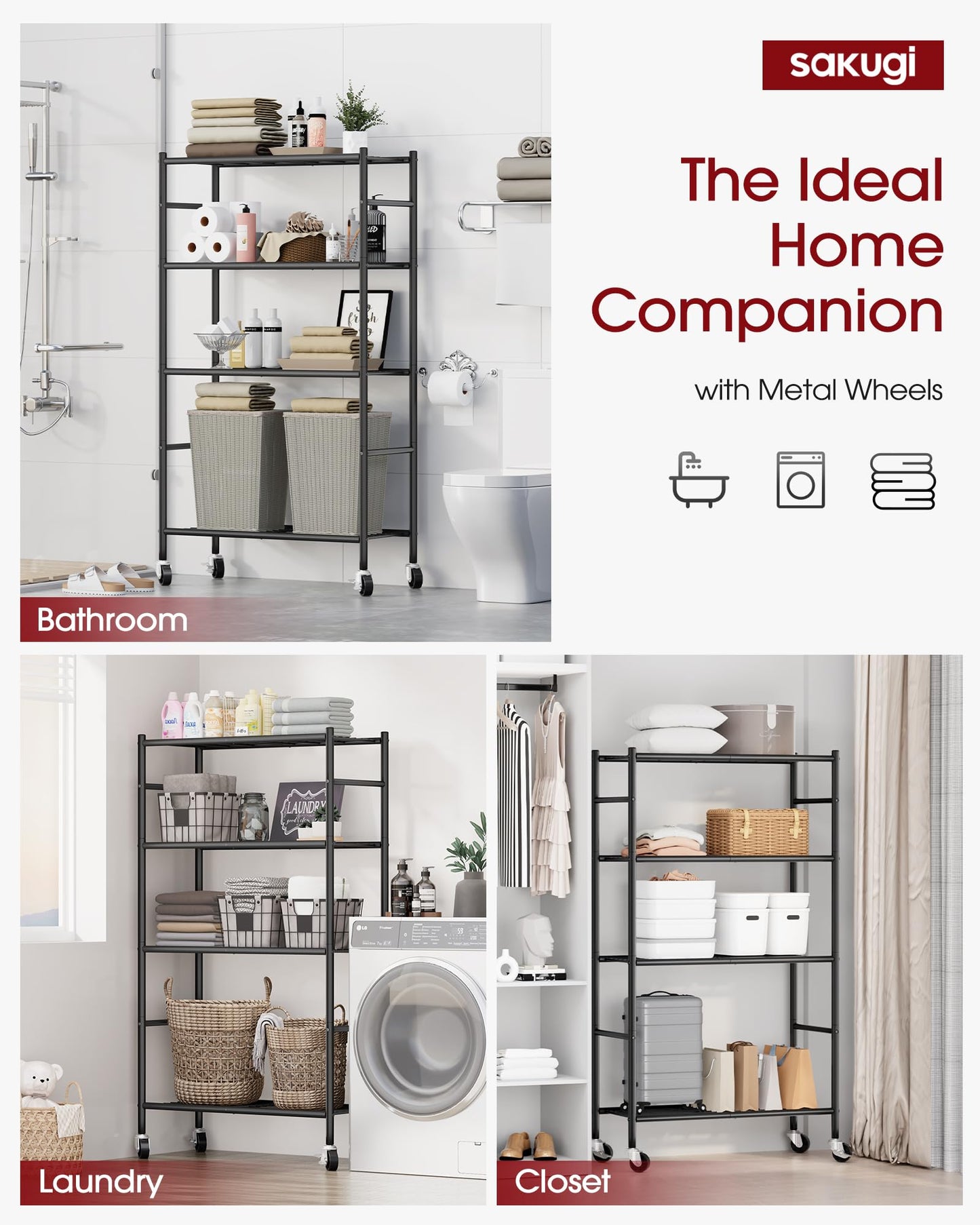 Sakugi Storage Shelves Organizer - 4 Tier Metal Shelf Organizer with Metal Wheels and Adjustable Leveling Feet, Heavy Duty Garage Shelving for Kitchen, Pantry and Closet, 33.1"x12.6"x58.9", Black