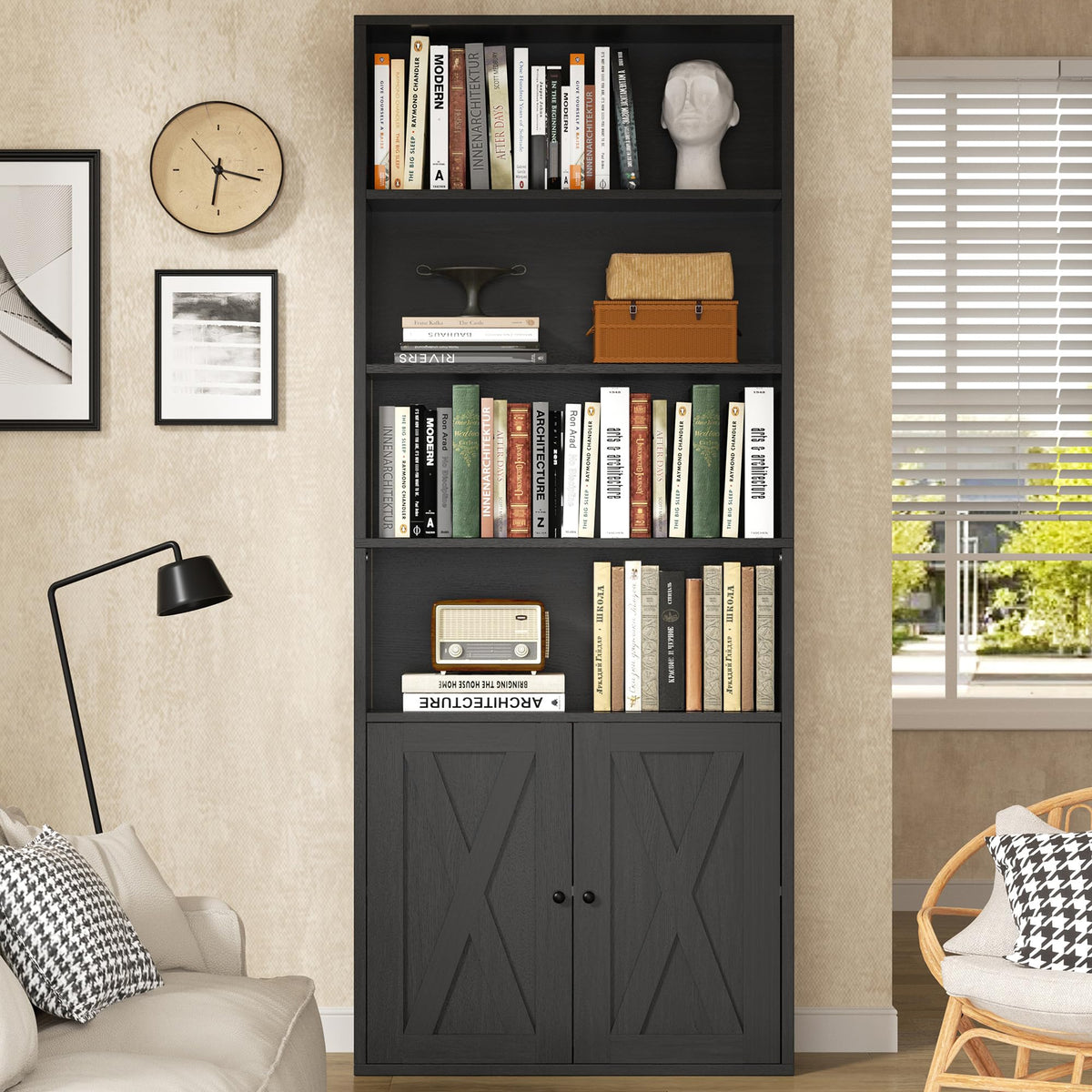 Modern Bookshelf with Doors, Industrial Bookshelves with 6-Tier Shelf, 71 inches Tall Bookcase Display Cabinet with Storage for Home Office, Black