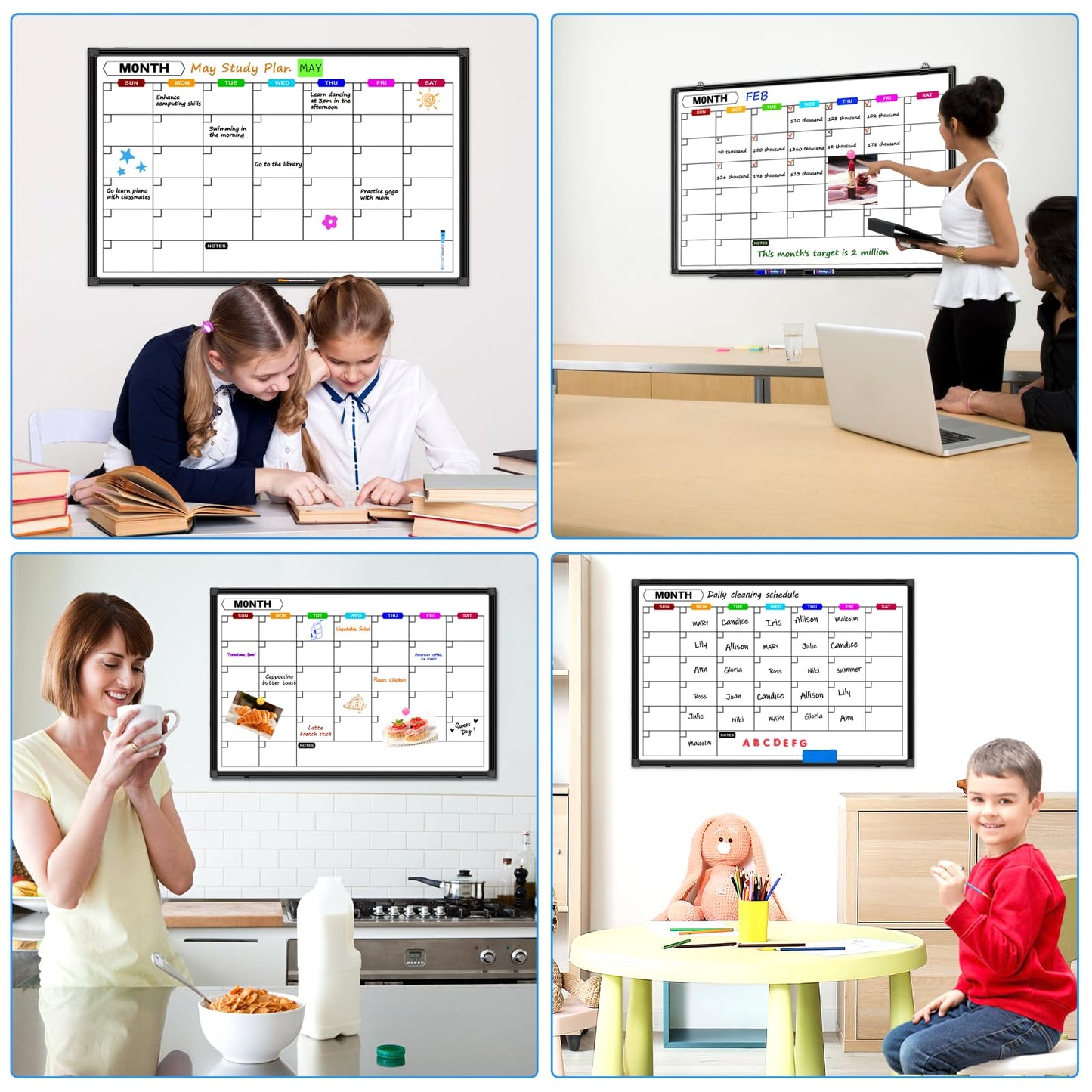 CALENBO Dry Erase Calendar Whiteboard for Wall 36" x 24", Magnetic Monthly White Board Calendar Dry Erase with Tray, Black Aluminum Frame Bulletin Board for Office Home and School