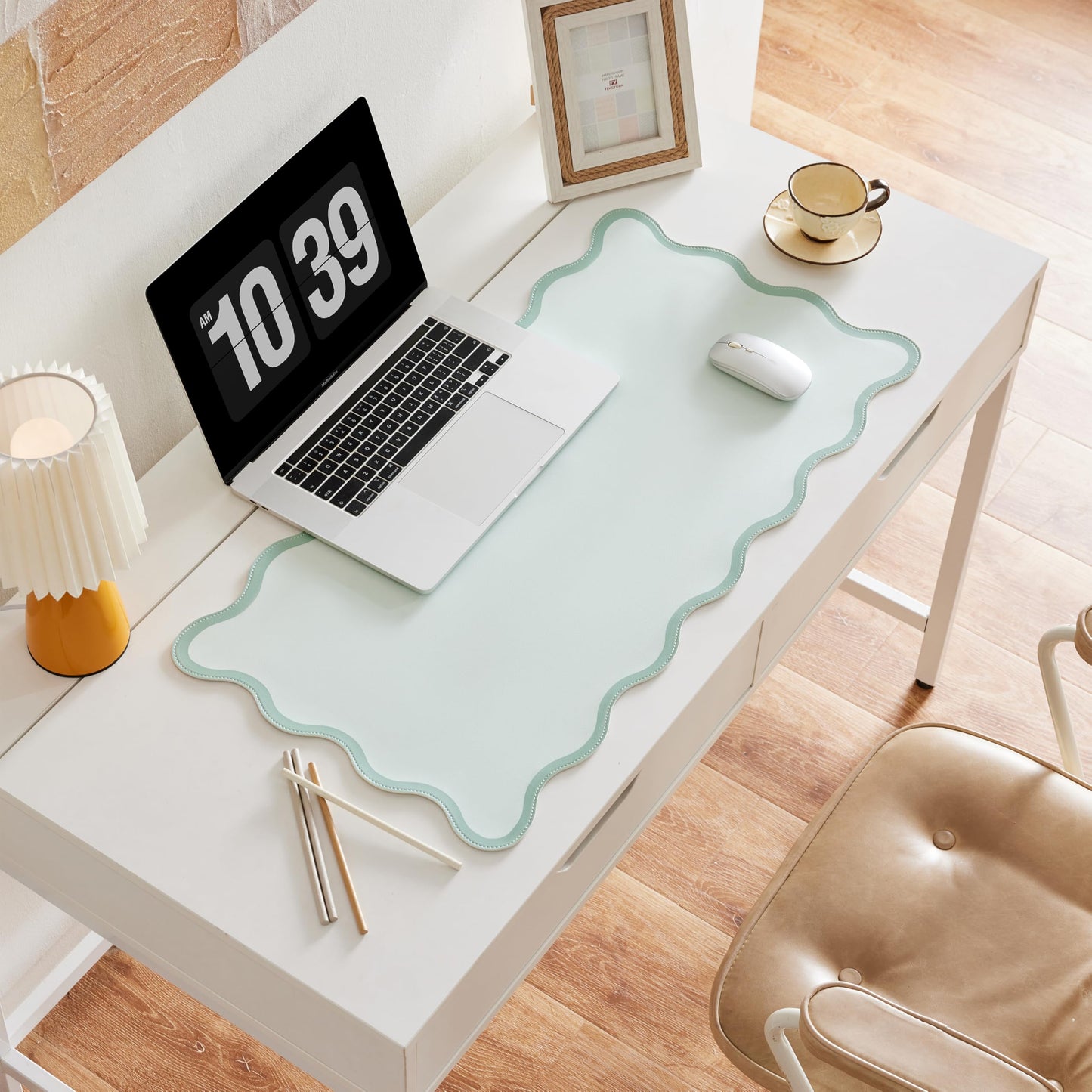 Ralxion Sage Green Scalloped Desk Mat, 31.5" x 15.7", PU Leather, Waterproof Anti-Slip, Cute Aesthetic Desk Pad for Office/Home/Game/Vanity Large