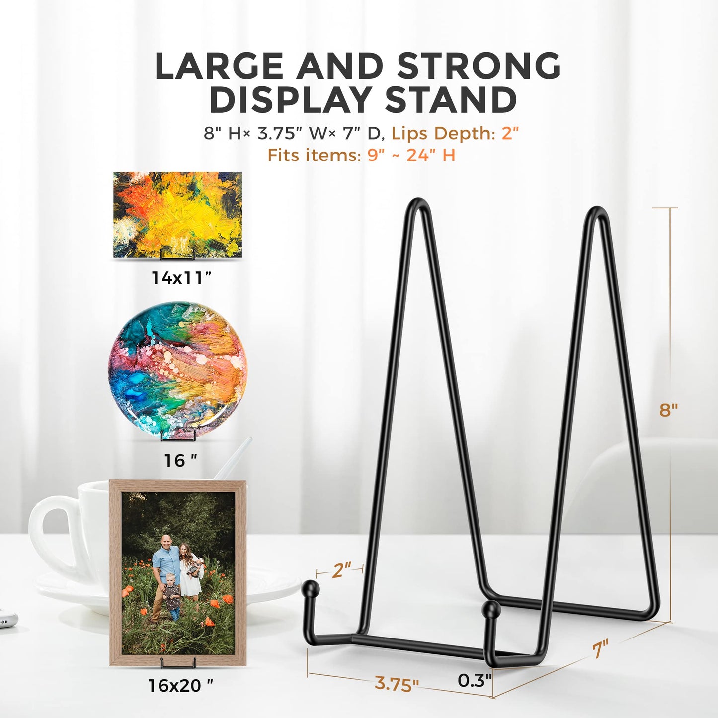 TR-LIFE 3 Pack 8 Inch Large Plate Stands for Display - Plate Holder Display Stand + Metal Frame Holder Stand for Picture, Book, Decorative Plate, Platter, Photo Easel