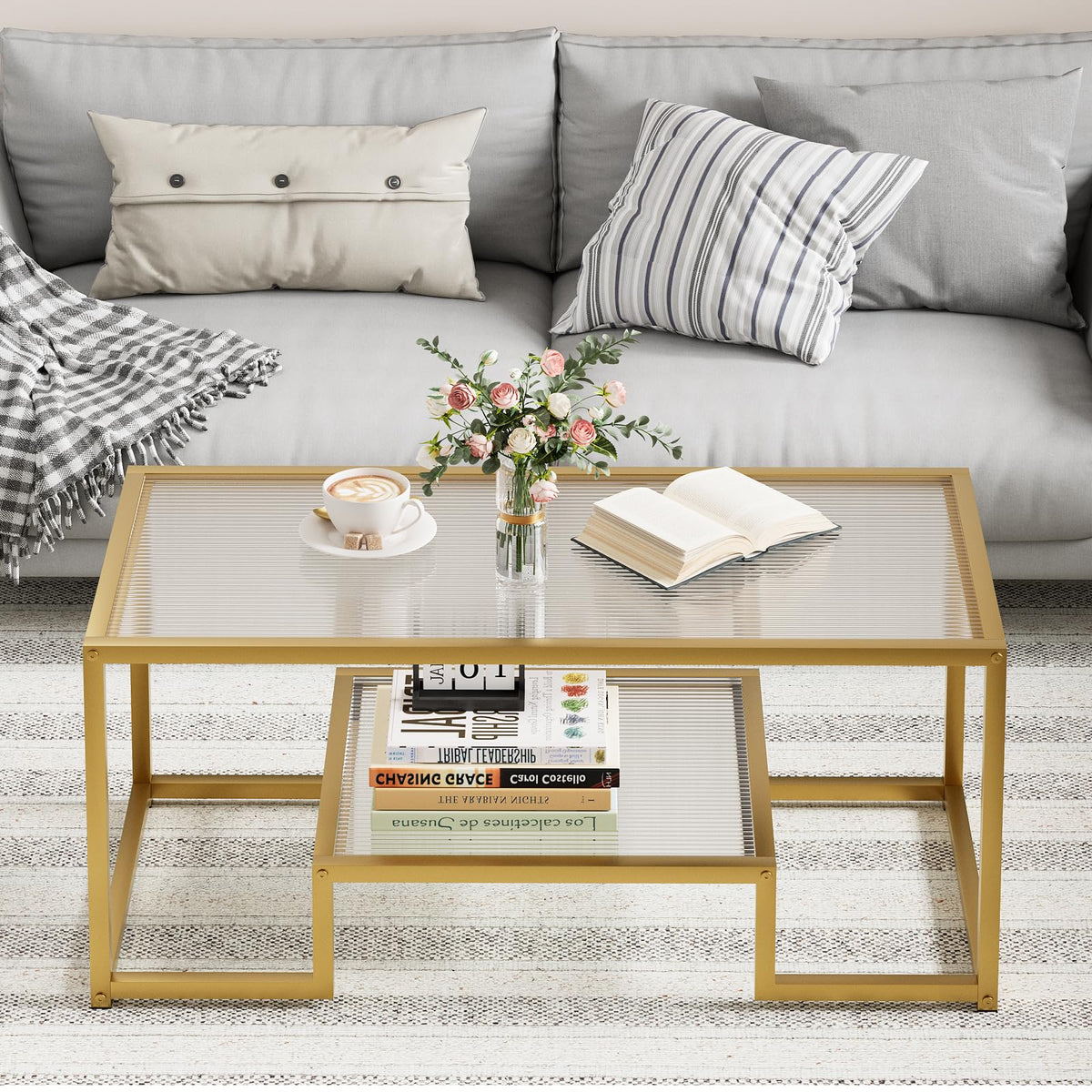 Wolawu Coffee Table Gold Glass Coffee Table for Living Room,2 Tiers Rectangle Center Table with Ribbed Glass Top and Sturdy Metal Frame,Modern Glass Accent Table for Bedroom Home Office