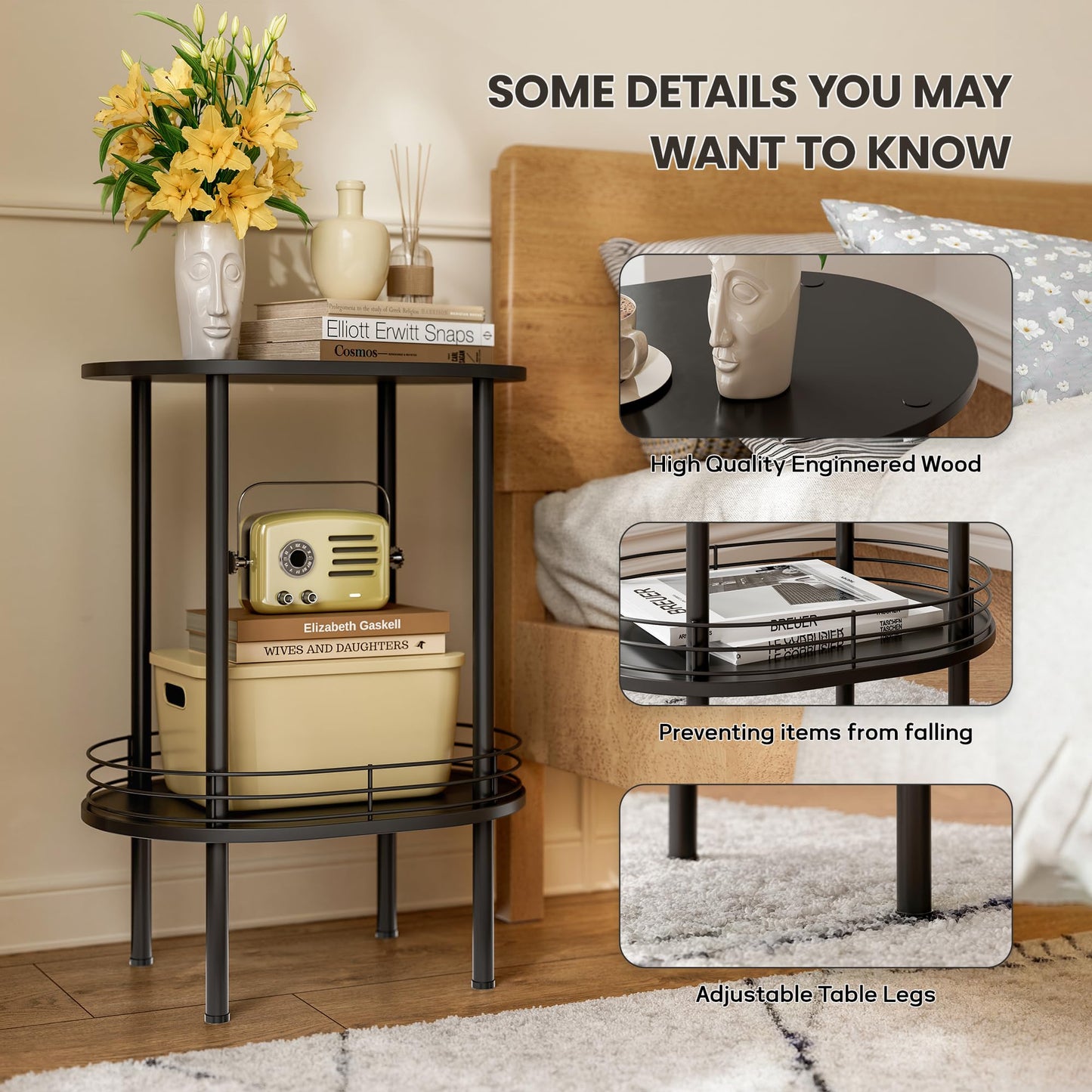 Small Modern Oval Side Table with Storage,2-Tier Side Tables Living Room,Sturdy Nightstand for Small Space - Living Room, Bedroom, Bathroom, Nursery,（1 PC,Black）