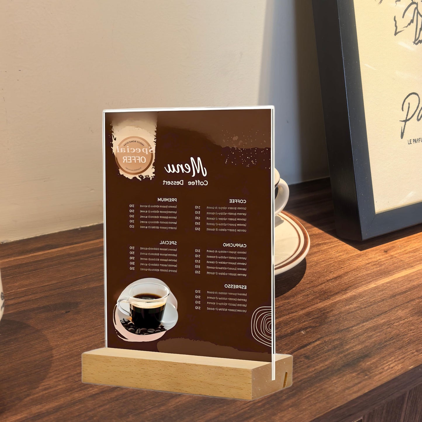 TONICE 8.5 x 11 Acrylic Sign Holder with Wood Base 3 Pack L/T Shape Vertical or Slant Back Display for Wedding, Restaurant, Store, Office, Hotel