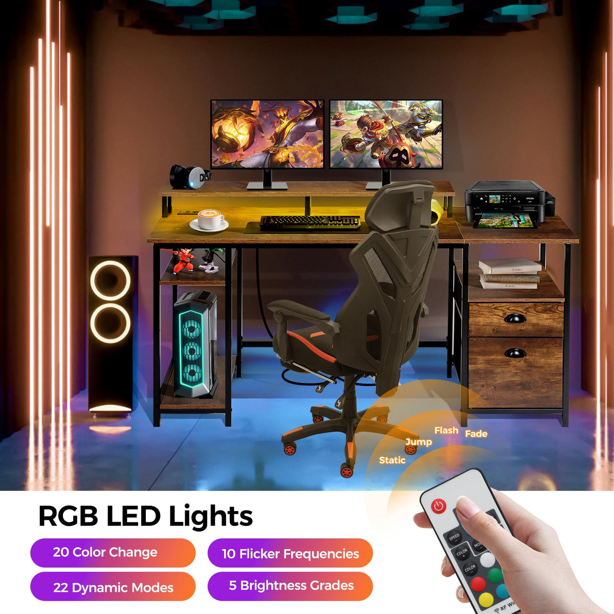 Panana 61.4" Computer Desk with Power Outlet and LED Lights, Desk with 2 Fabric File Cabinet Drawer, Large Reversible Gaming Desk with Shelves and Monitor Stand, Writing Study Desk for Home Office
