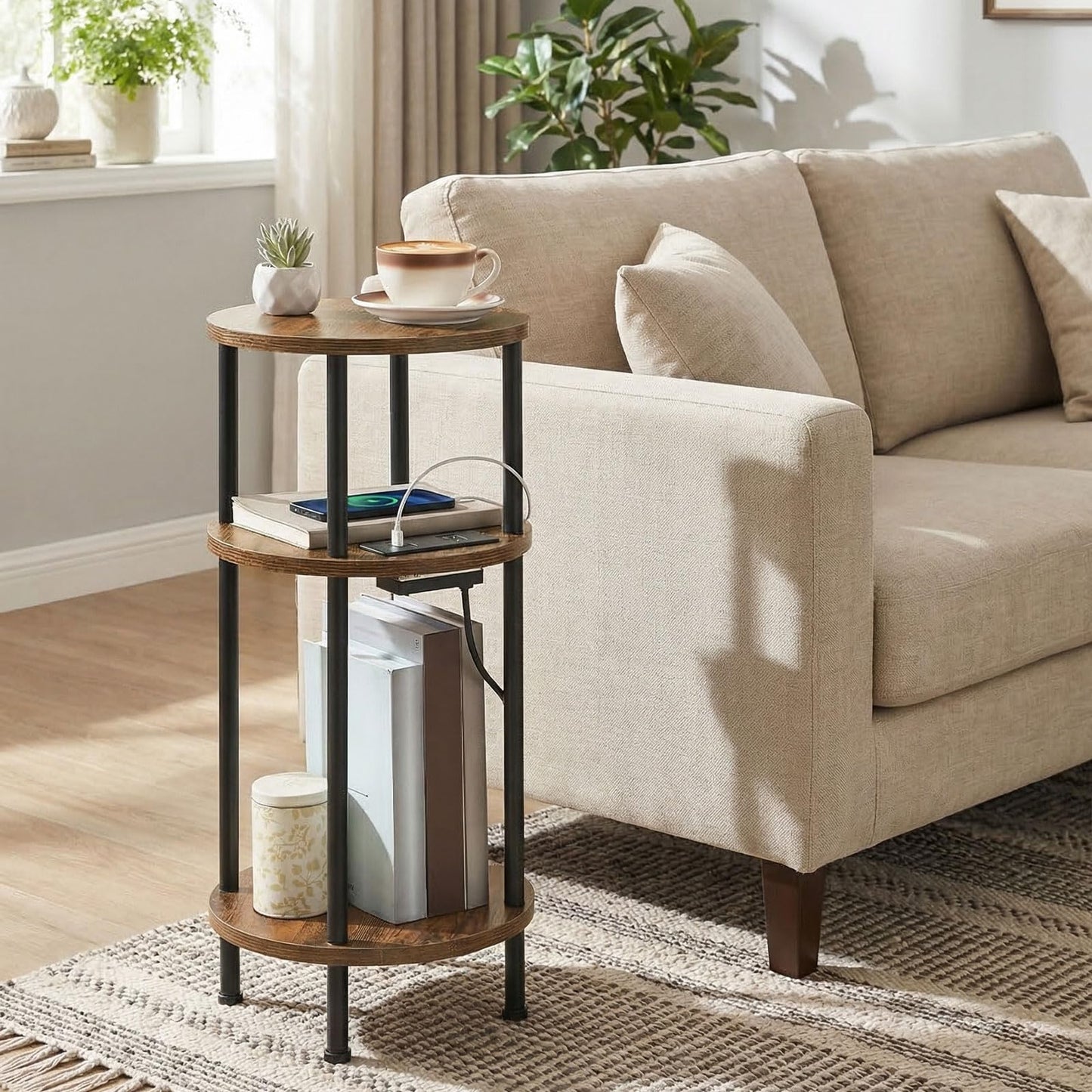 HOOBRO Small Round Side Table, 3-Tier Compact Sofa End Table with Charging Station, Circle Bedside Table Nightstand with Storage, for Small Space, Living Room, Bedroom, Rustic Brown BF219UBZ01