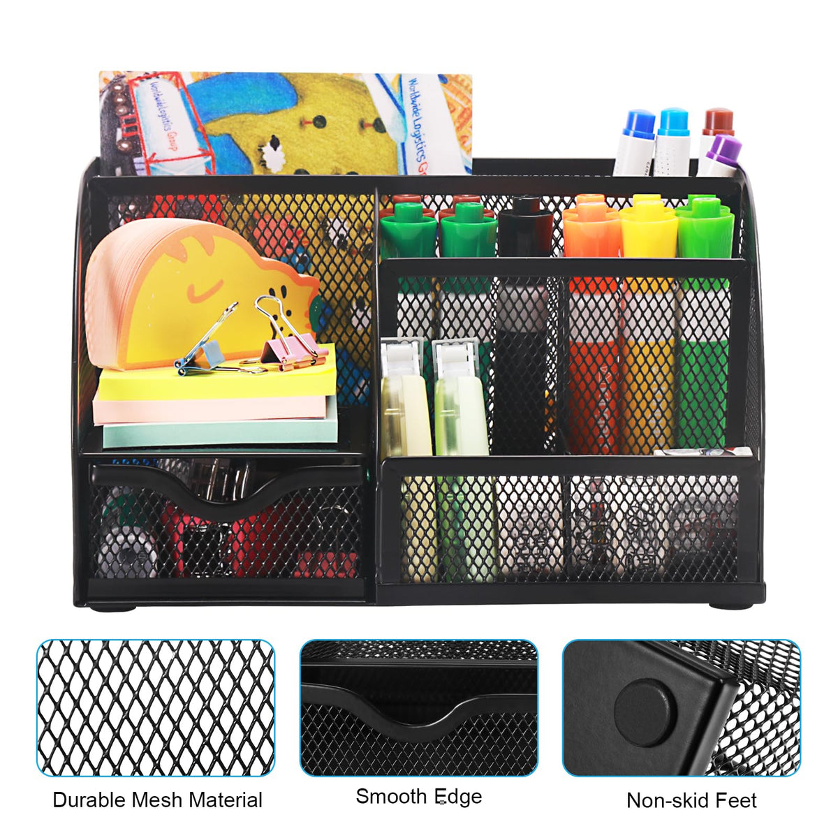 Comix Mesh Pen Pencil Holder Desk Organizer, 7 Compartment Wire Desktop Pen Pencil Cup Caddy Office Supplies for Home Office School, Black